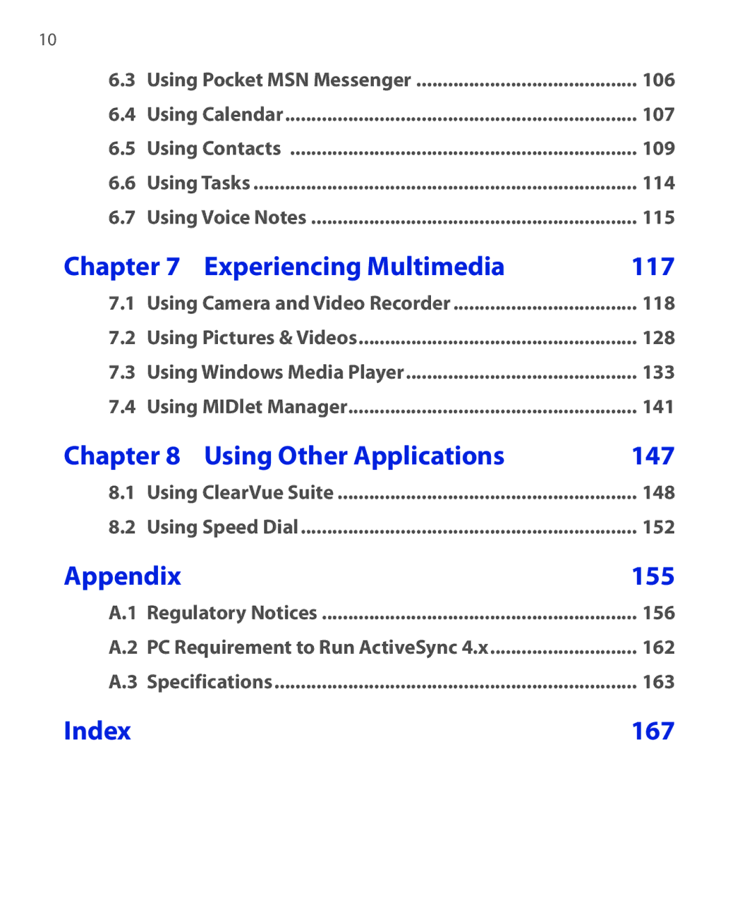 HTC OXYG100 user manual Experiencing Multimedia 117, Using Other Applications 147, Appendix 155, Index 167 