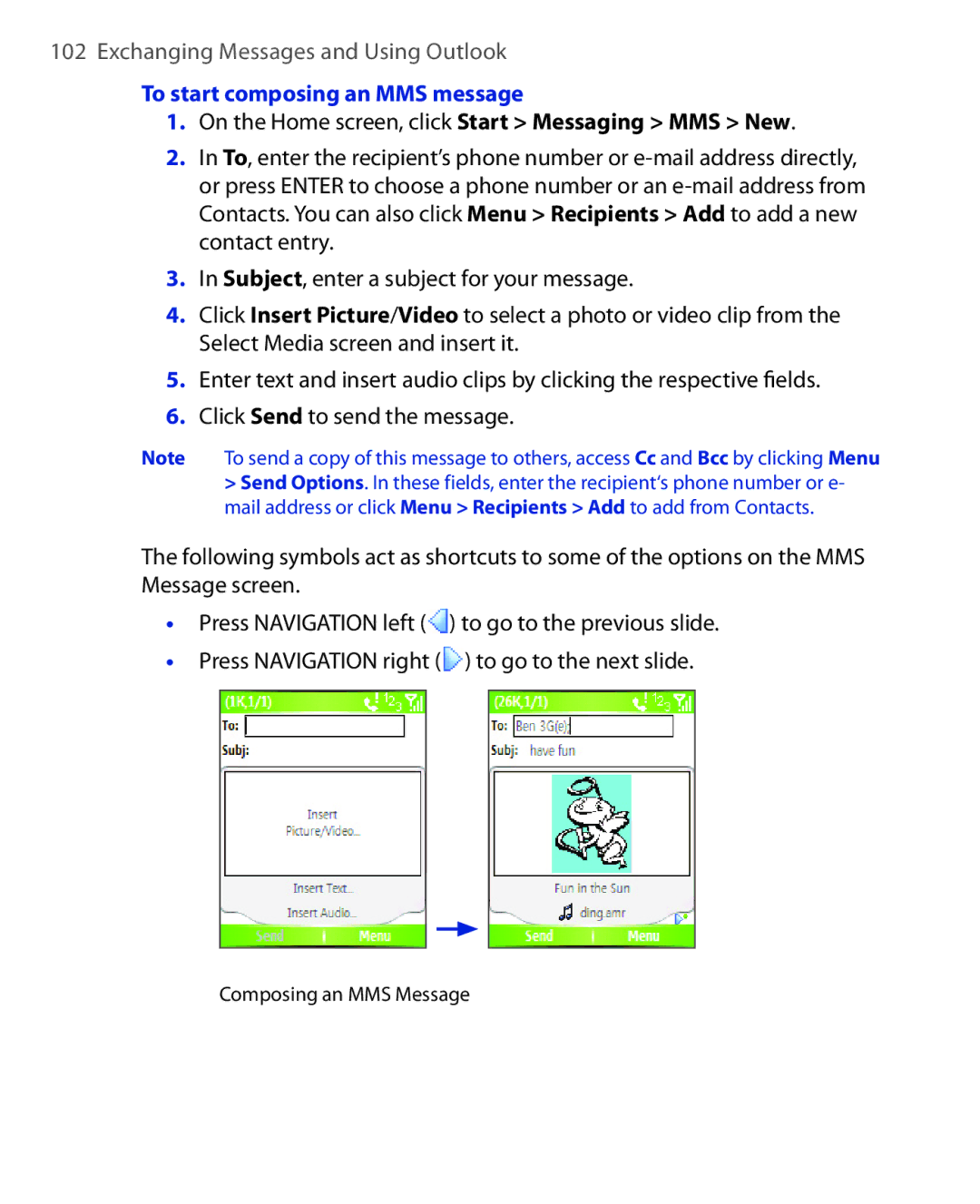 HTC OXYG100 user manual To start composing an MMS message, On the Home screen, click Start Messaging MMS New 