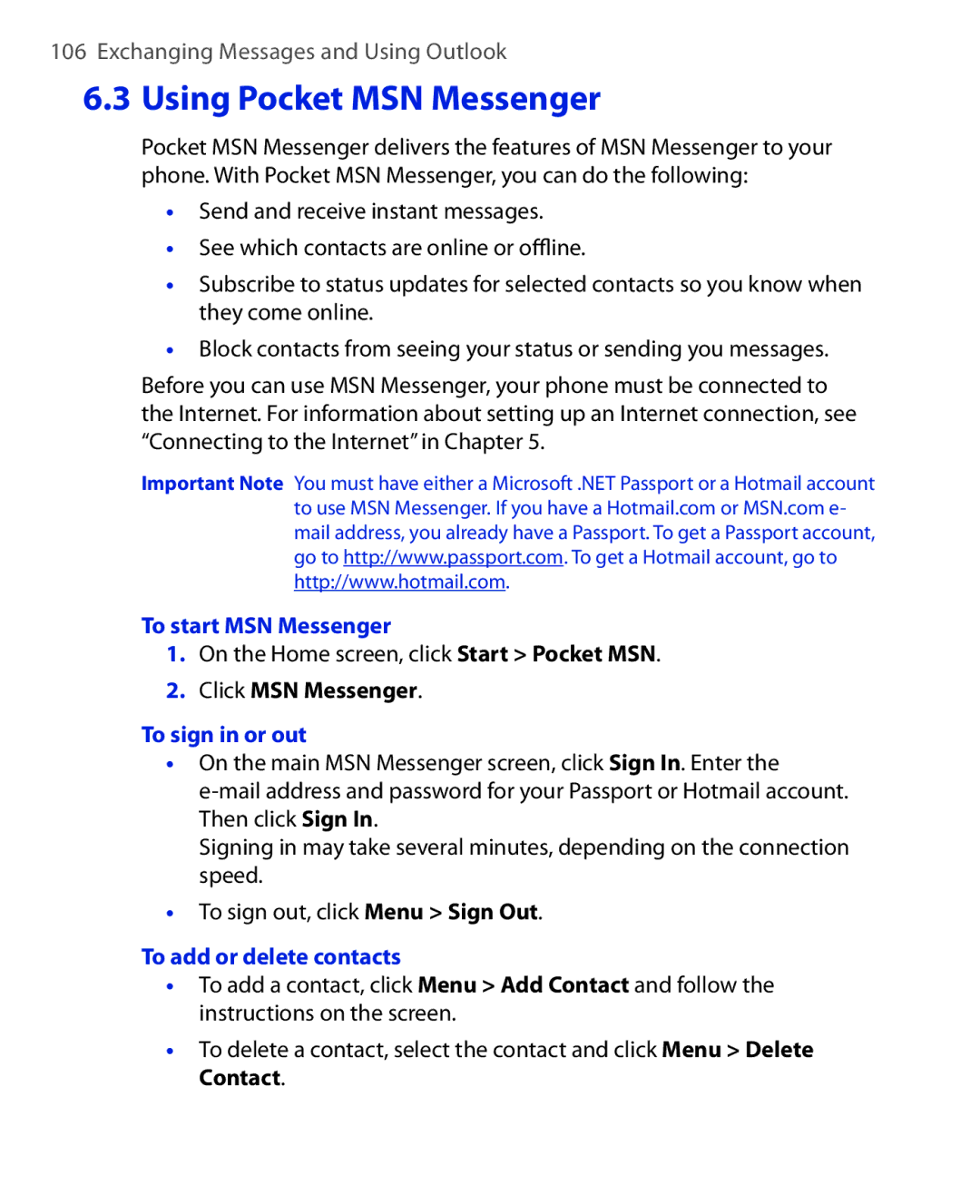 HTC OXYG100 user manual To start MSN Messenger, Click MSN Messenger, To sign in or out, To add or delete contacts 