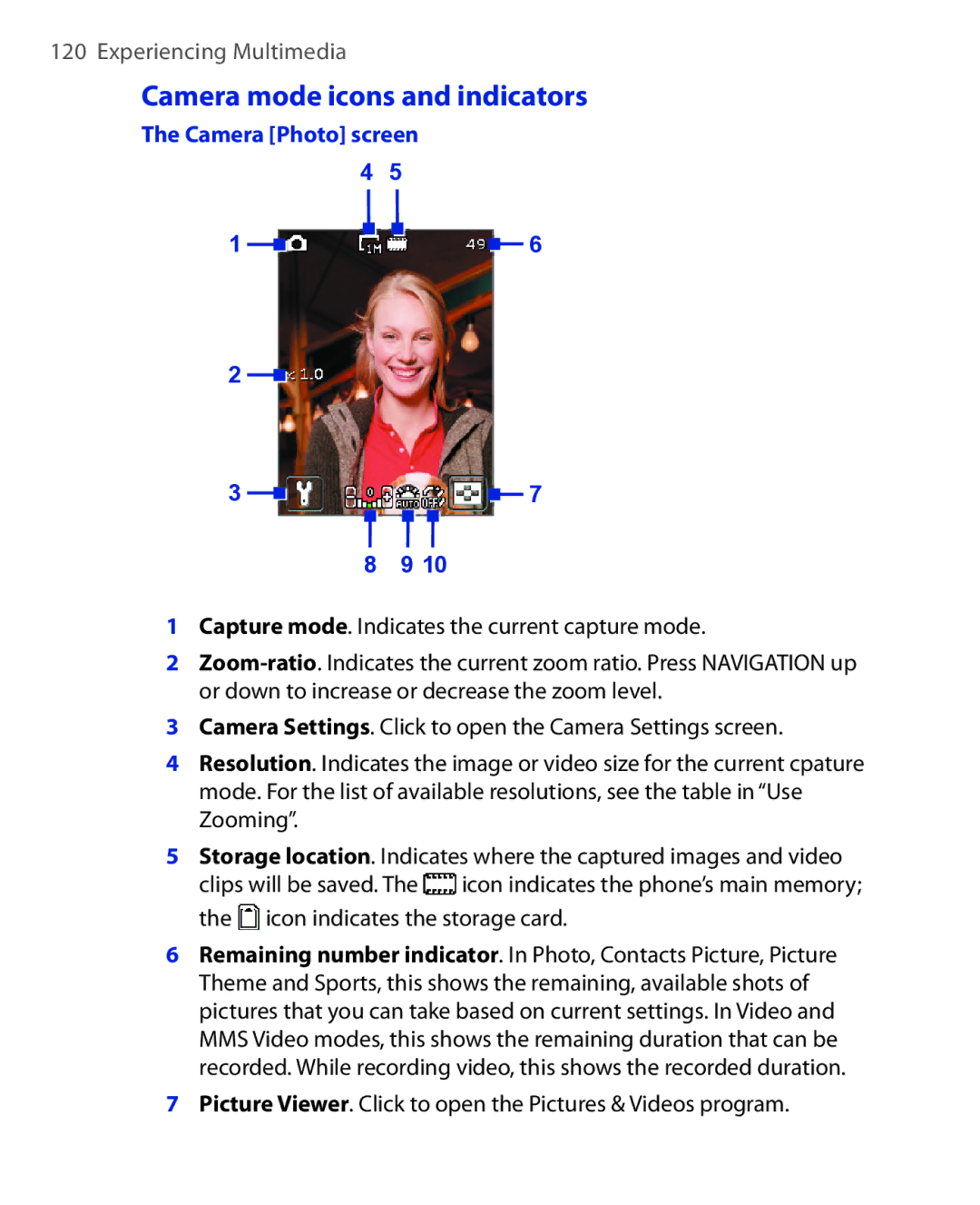 HTC OXYG100 user manual Camera mode icons and indicators, Capture mode. Indicates the current capture mode 