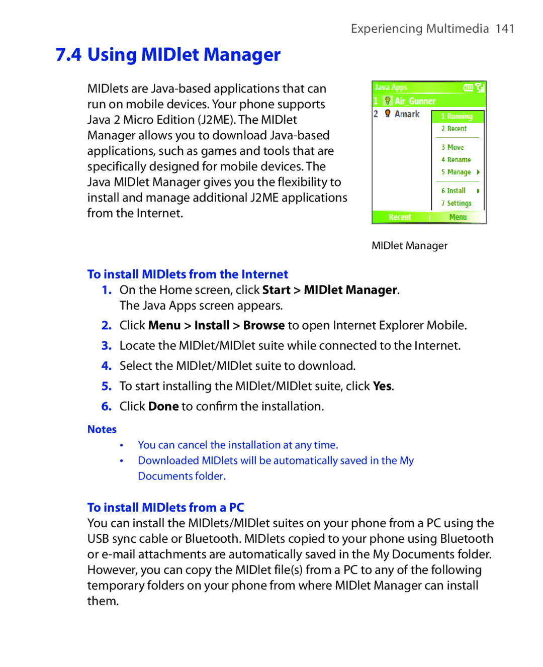 HTC OXYG100 user manual To install MIDlets from the Internet, To install MIDlets from a PC 