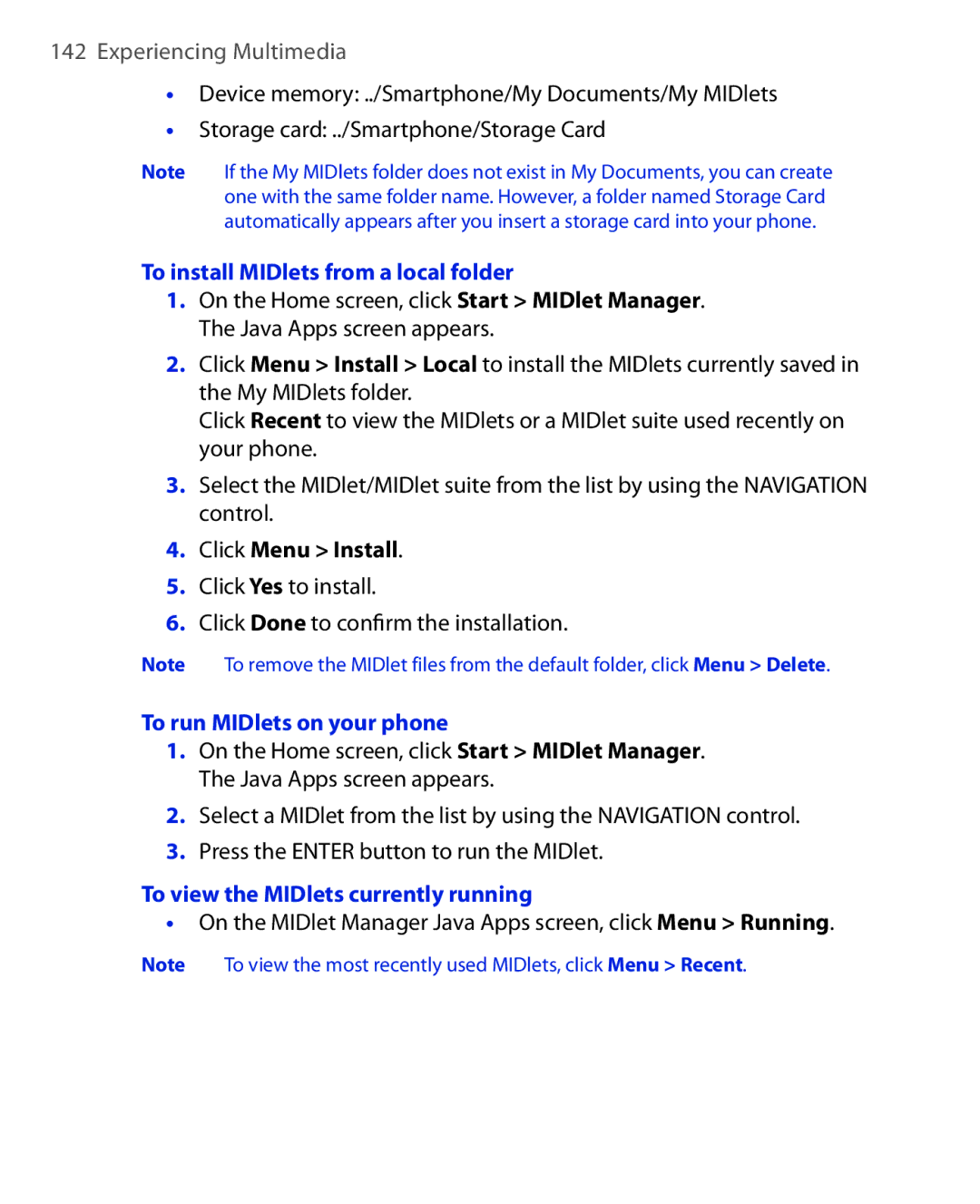 HTC OXYG100 user manual To install MIDlets from a local folder, Click Menu Install, To run MIDlets on your phone 