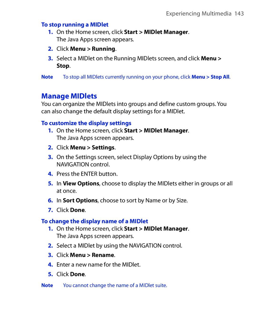 HTC OXYG100 user manual Manage MIDlets, To stop running a MIDlet, To customize the display settings 