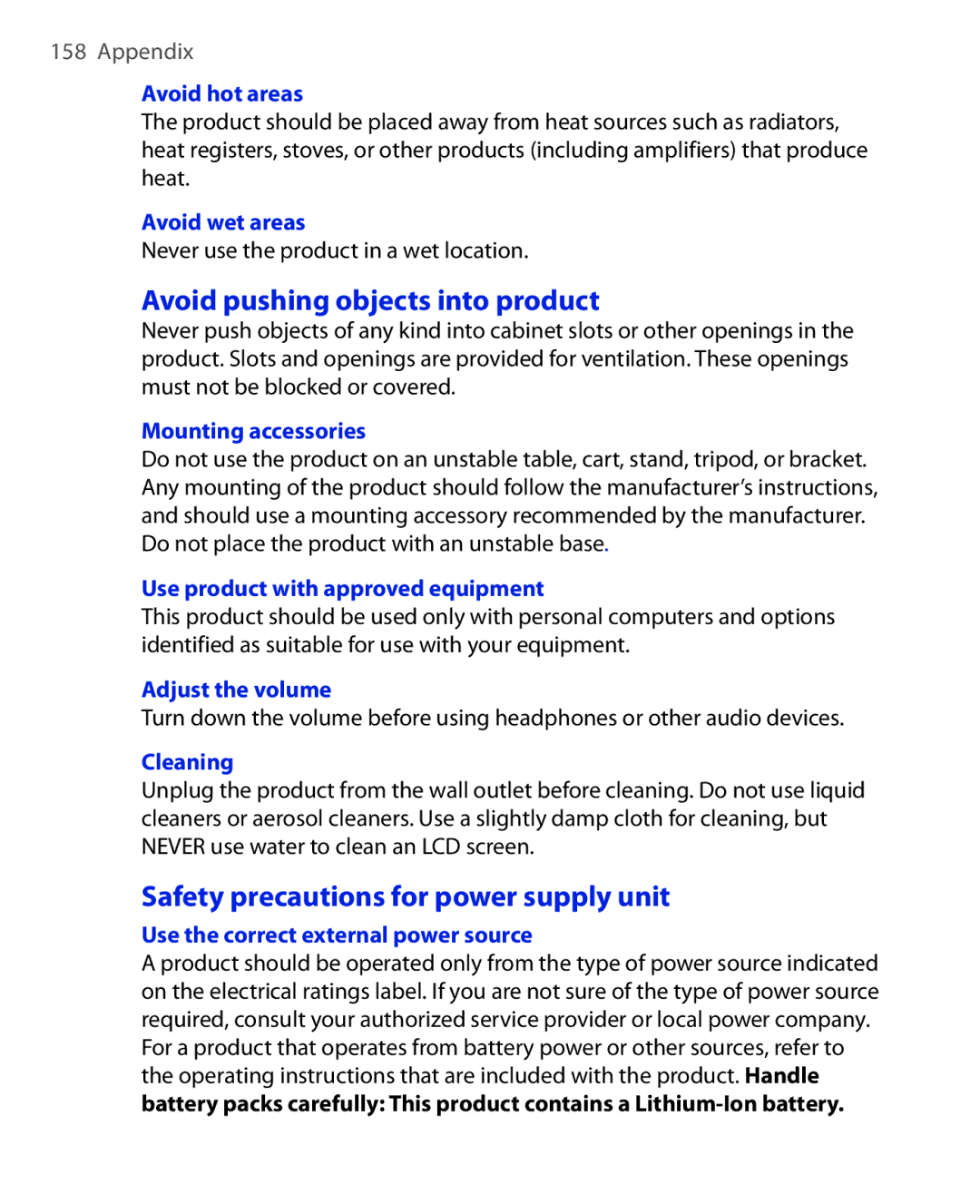 HTC OXYG100 user manual Avoid pushing objects into product, Safety precautions for power supply unit 