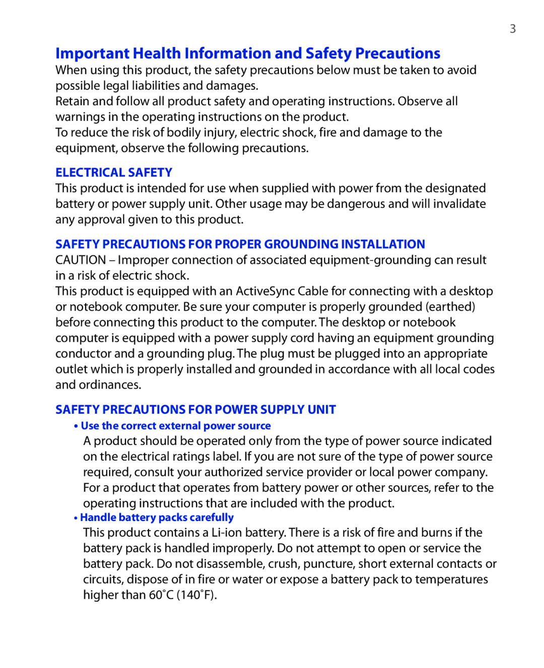 HTC OXYG100 user manual Important Health Information and Safety Precautions, Electrical Safety 