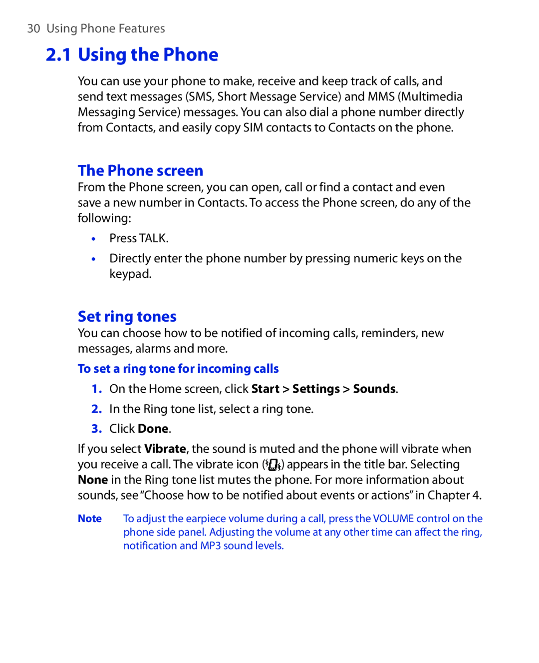 HTC OXYG100 user manual Using the Phone, Phone screen, Set ring tones, To set a ring tone for incoming calls 