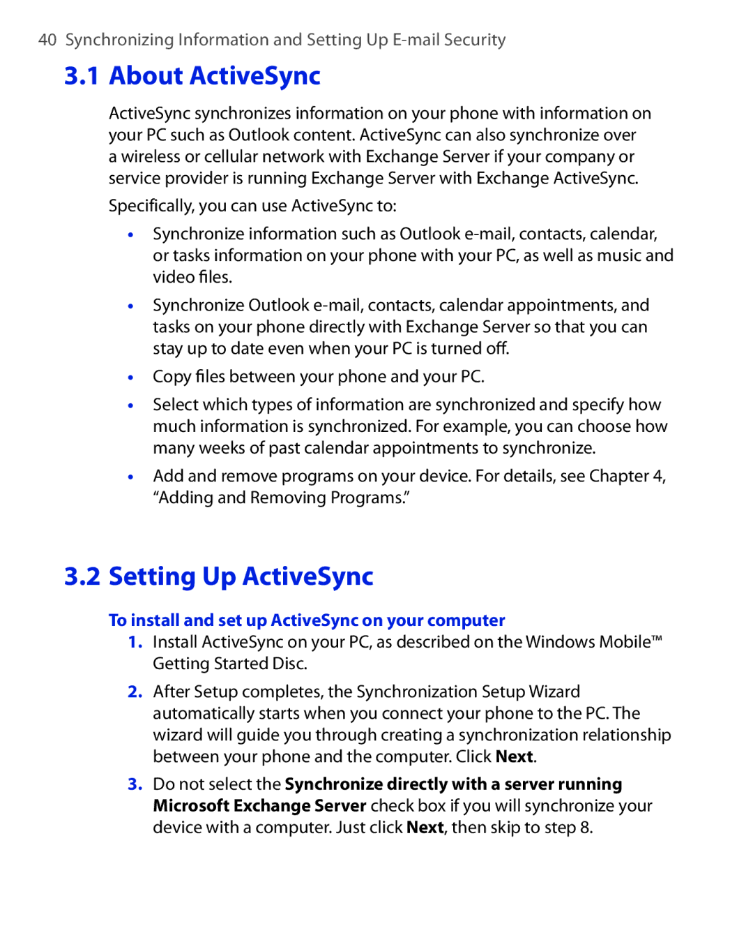 HTC OXYG100 user manual About ActiveSync, To install and set up ActiveSync on your computer 