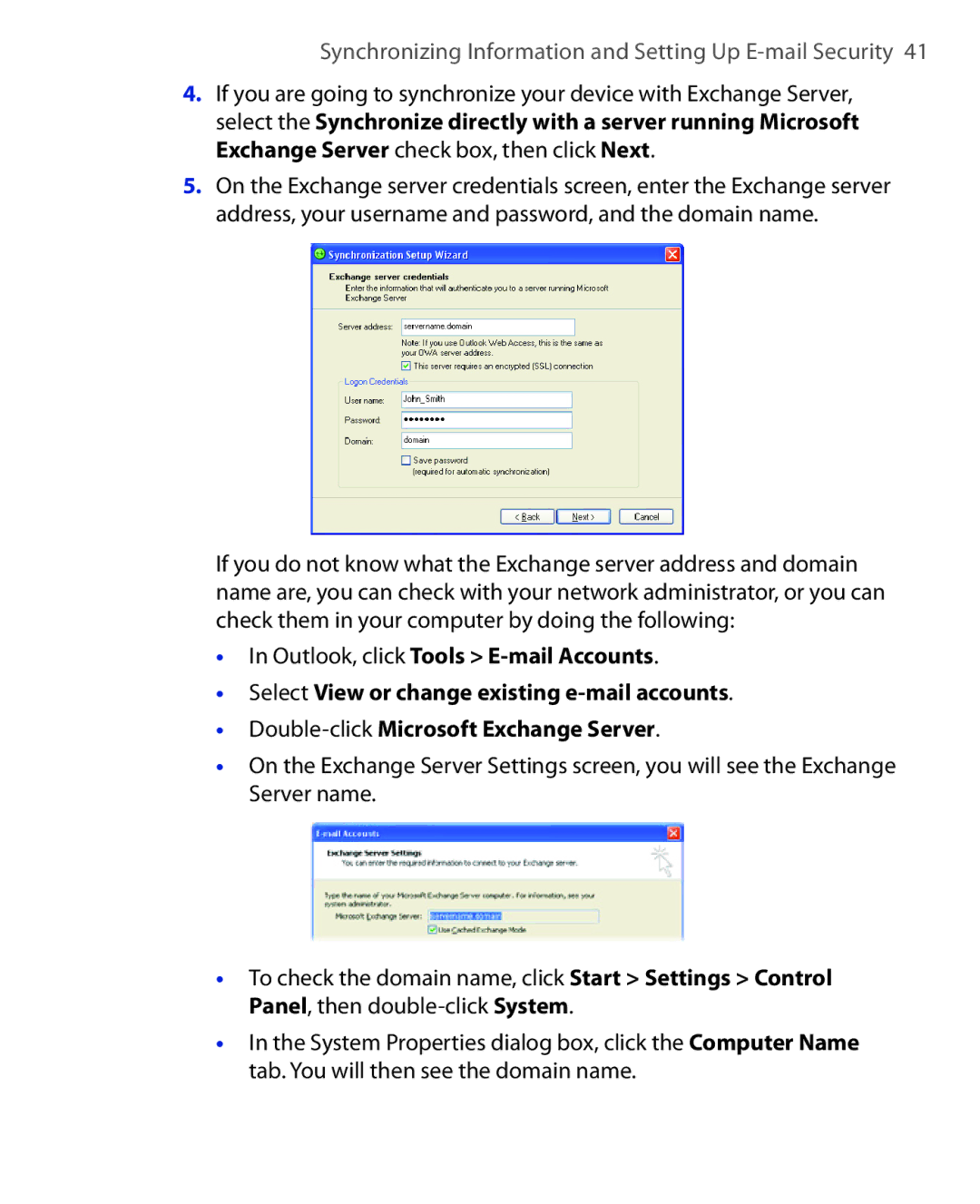 HTC OXYG100 user manual Synchronizing Information and Setting Up E-mail Security 