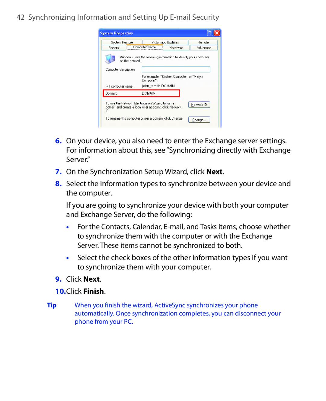 HTC OXYG100 user manual Synchronizing Information and Setting Up E-mail Security 