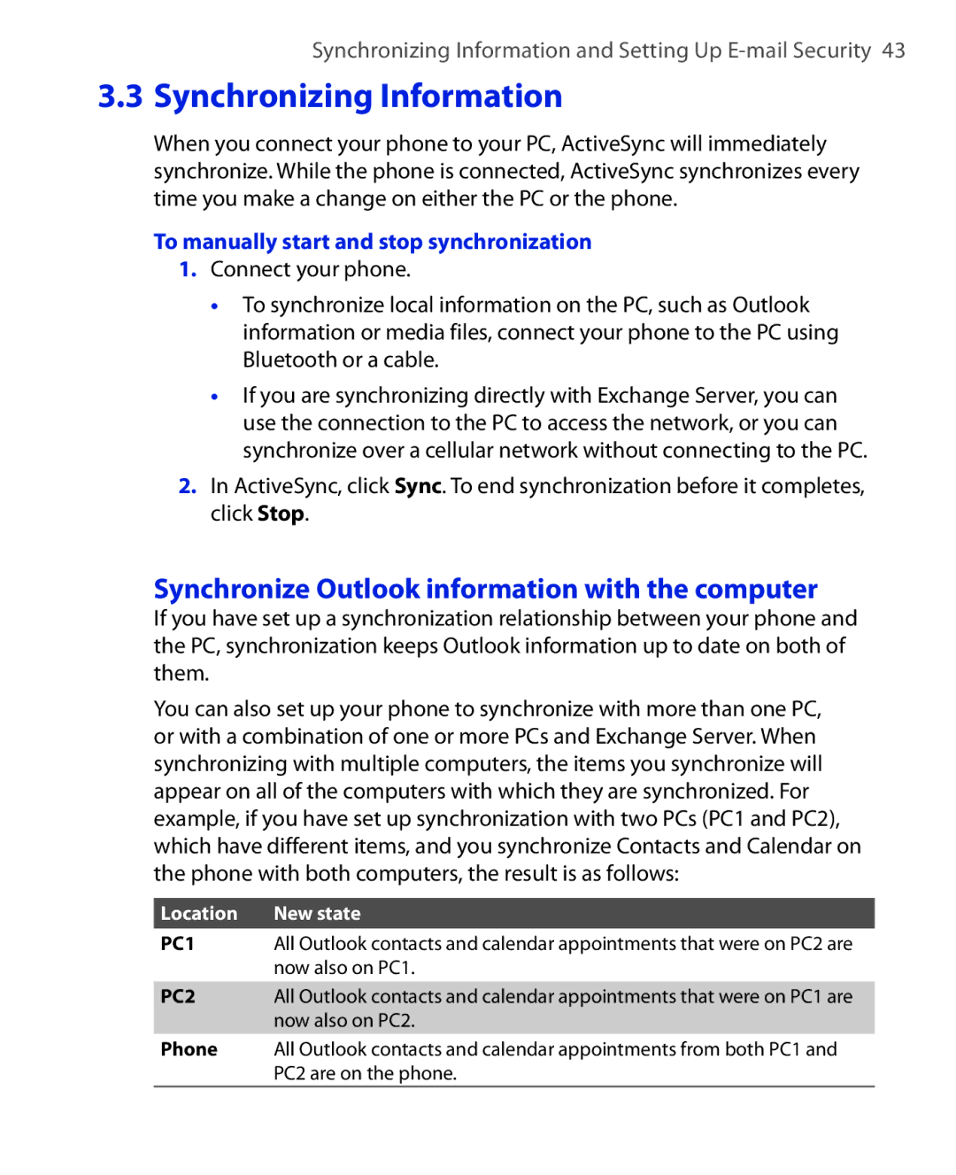 HTC OXYG100 user manual Synchronize Outlook information with the computer, To manually start and stop synchronization 