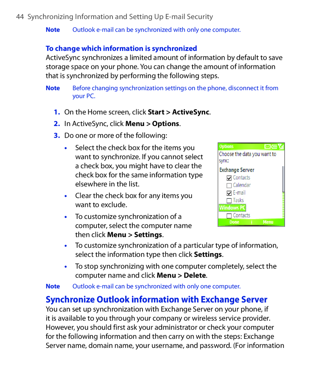 HTC OXYG100 user manual Synchronize Outlook information with Exchange Server, To change which information is synchronized 