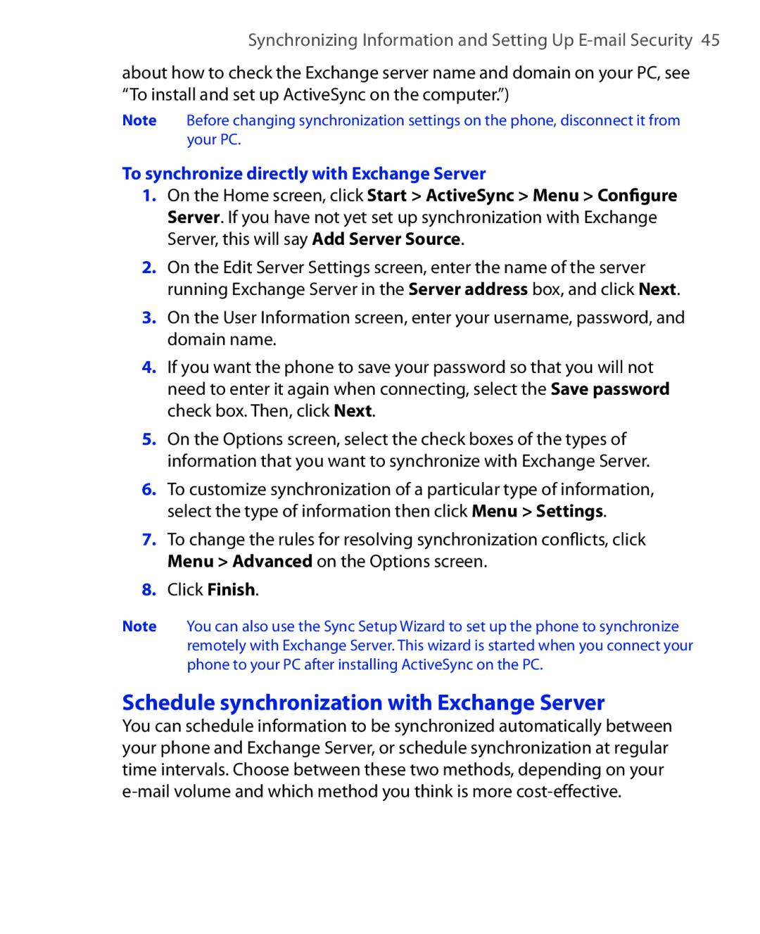 HTC OXYG100 user manual Schedule synchronization with Exchange Server, To synchronize directly with Exchange Server 