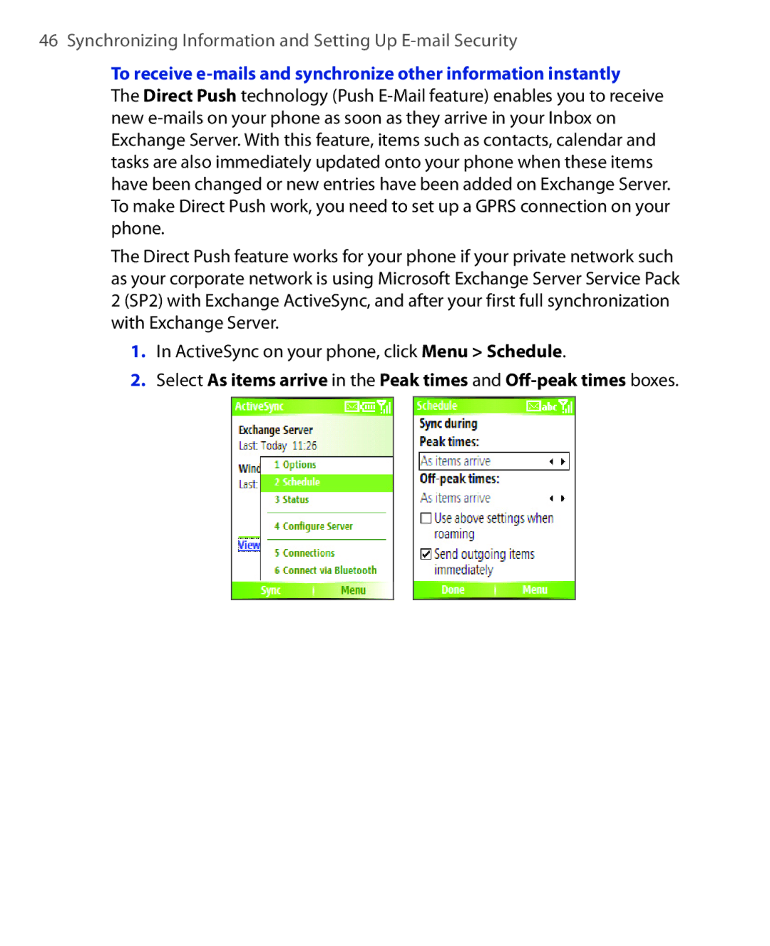 HTC OXYG100 user manual Synchronizing Information and Setting Up E-mail Security 