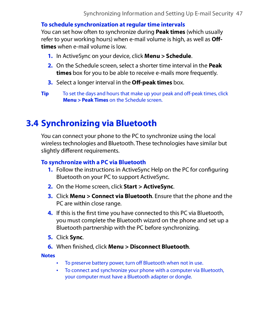 HTC OXYG100 user manual To schedule synchronization at regular time intervals, To synchronize with a PC via Bluetooth 