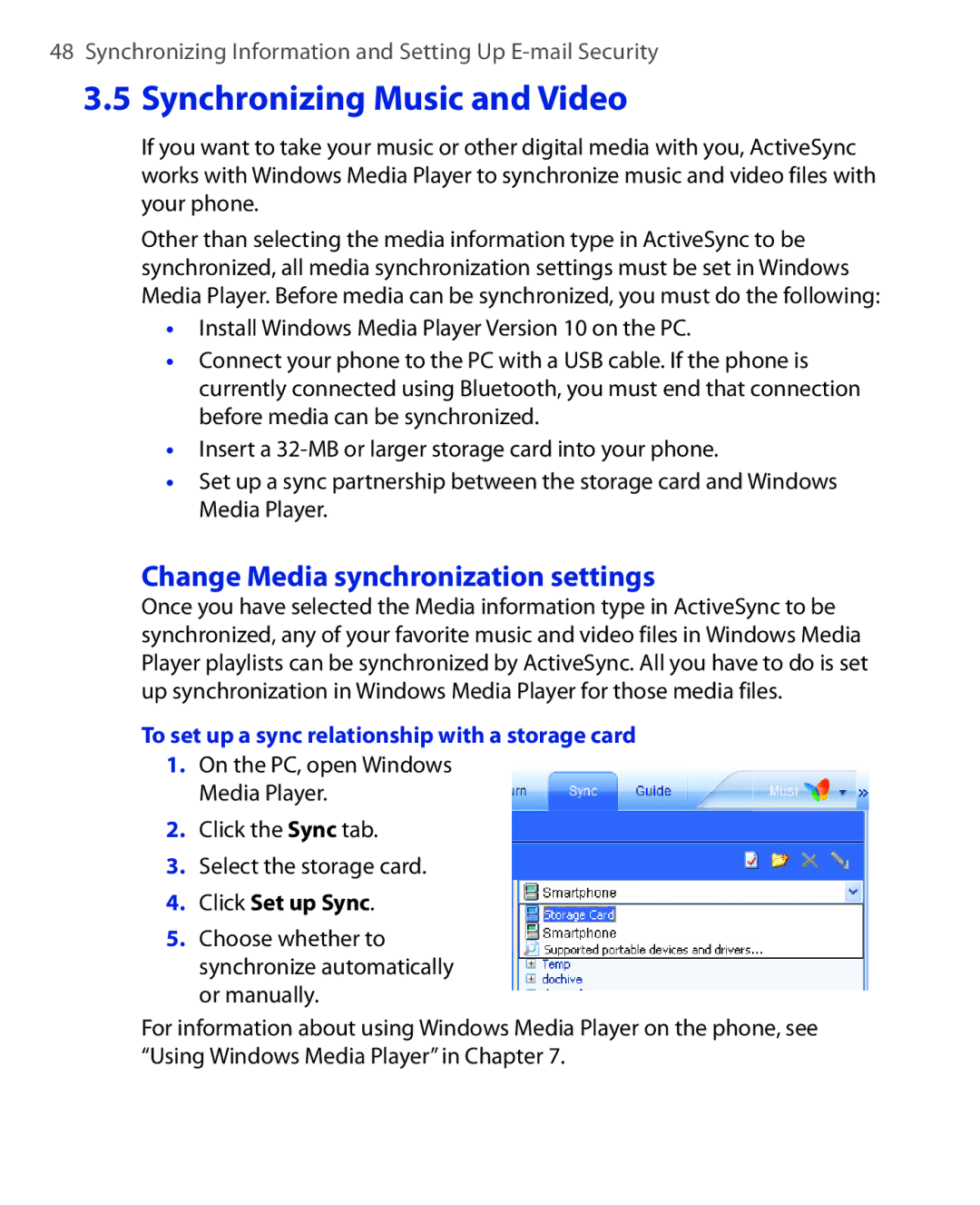 HTC OXYG100 Change Media synchronization settings, To set up a sync relationship with a storage card, Click Set up Sync 