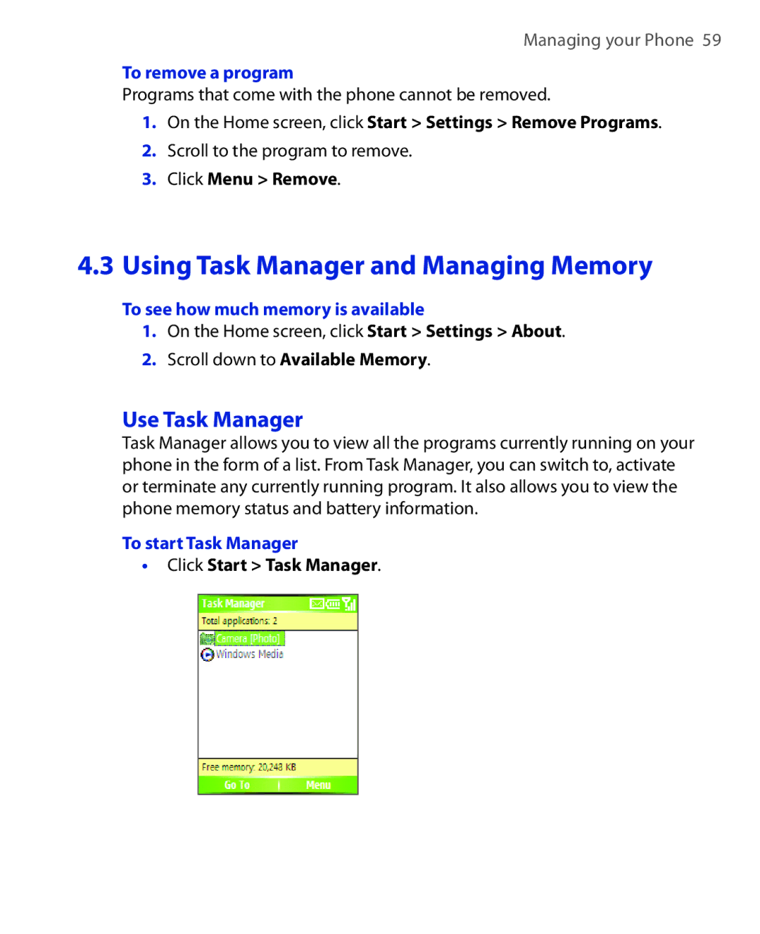 HTC OXYG100 Using Task Manager and Managing Memory, Use Task Manager, To remove a program, To start Task Manager 