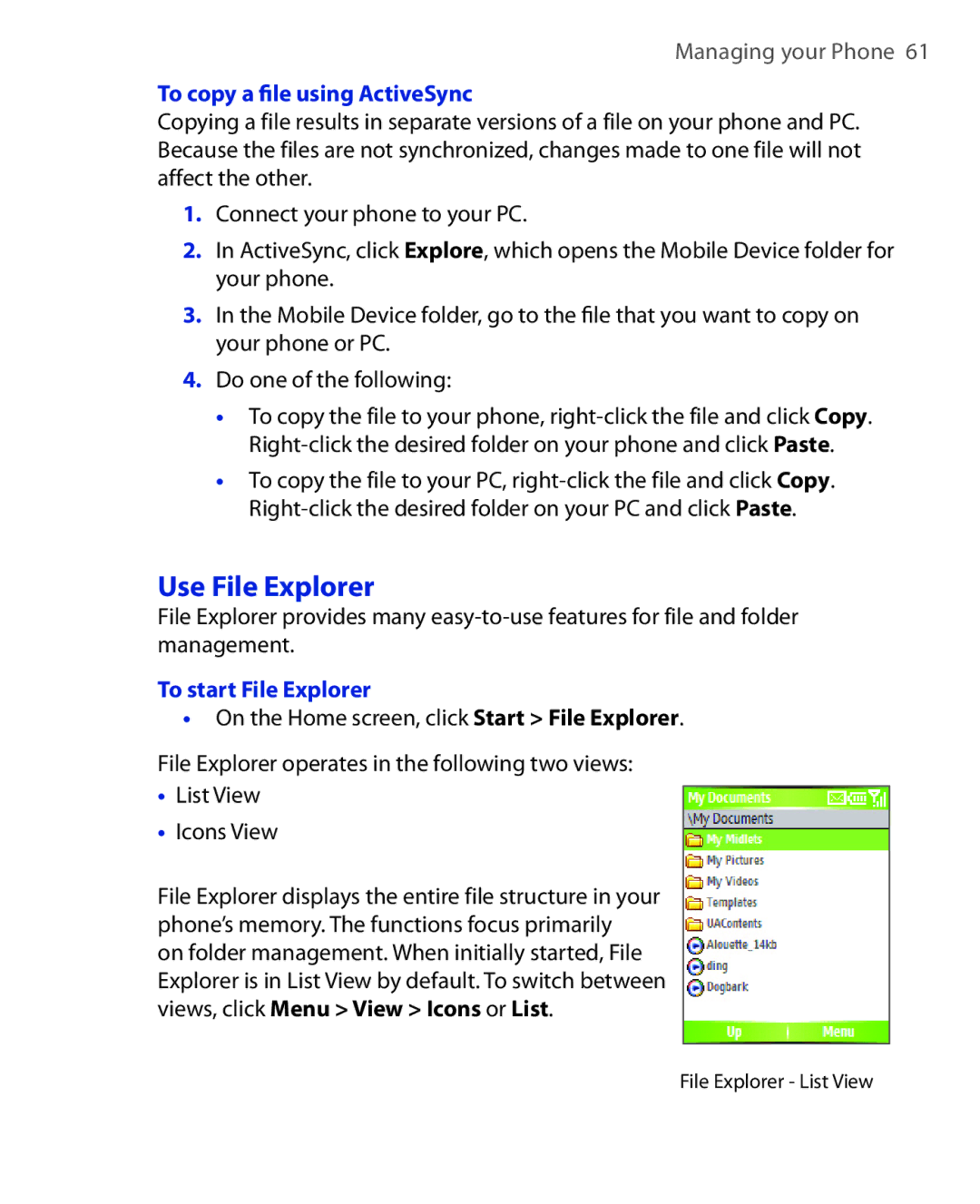 HTC OXYG100 user manual Use File Explorer, To copy a ﬁle using ActiveSync, To start File Explorer 