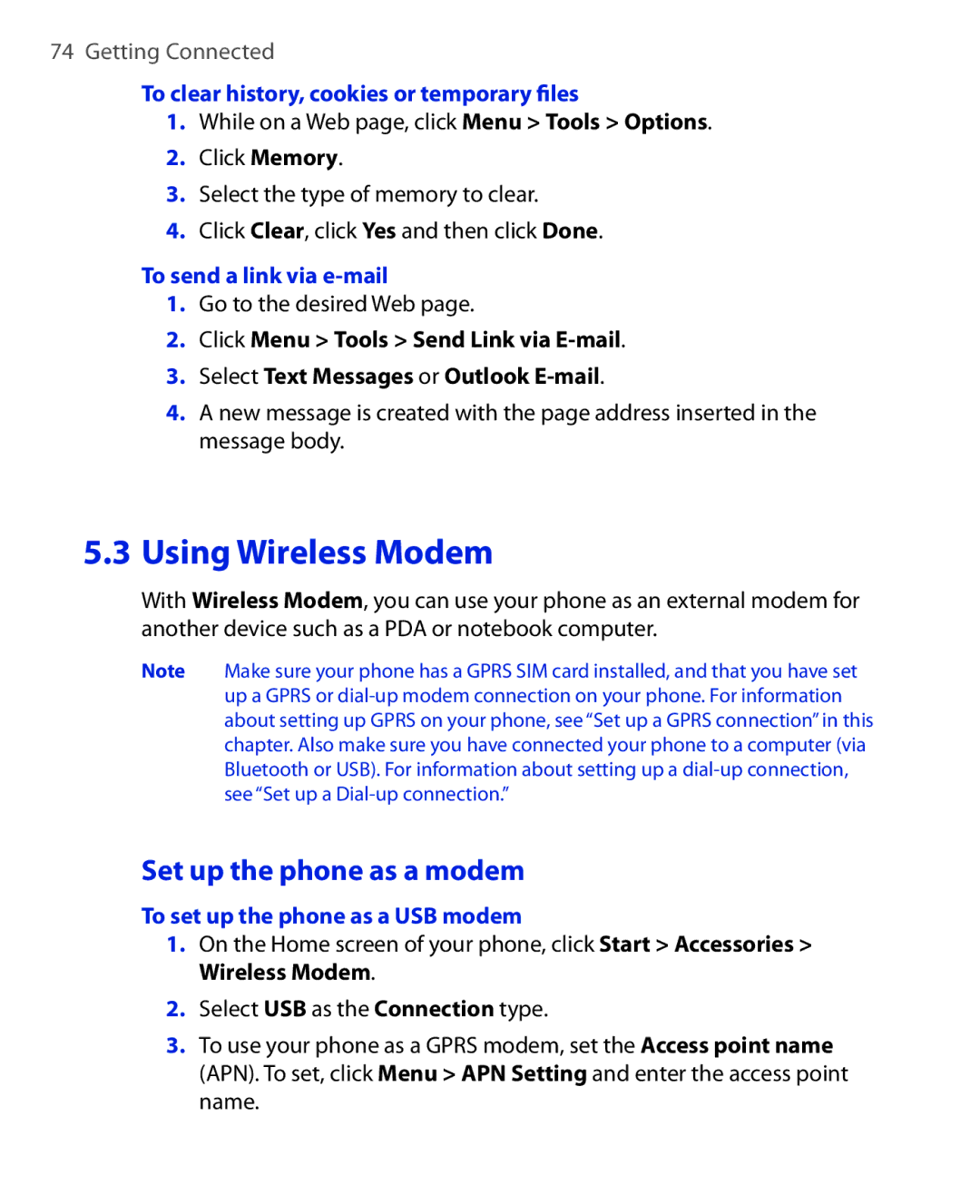 HTC OXYG100 user manual Set up the phone as a modem, To clear history, cookies or temporary ﬁles, To send a link via e-mail 