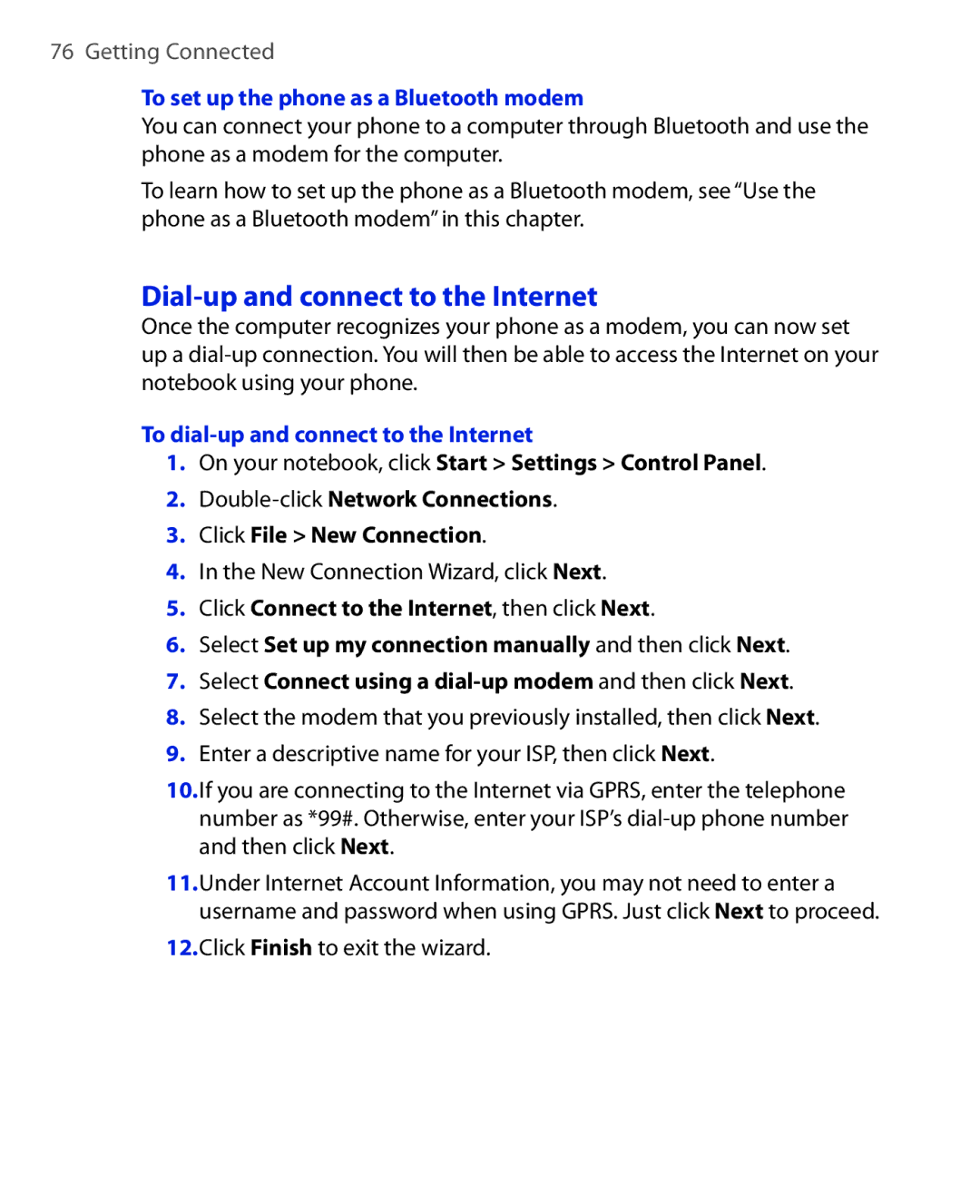 HTC OXYG100 user manual Dial-up and connect to the Internet, To set up the phone as a Bluetooth modem 