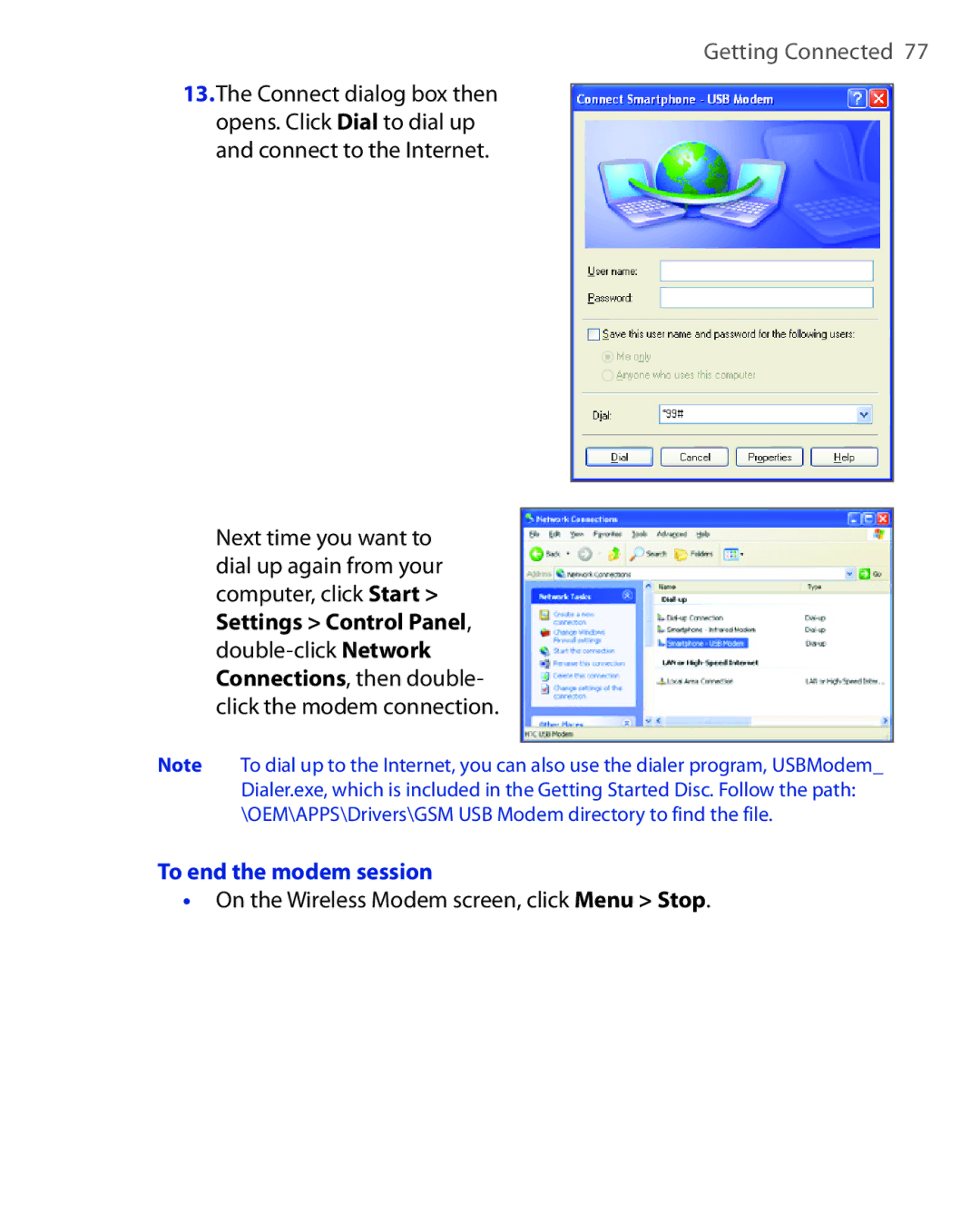 HTC OXYG100 user manual To end the modem session 