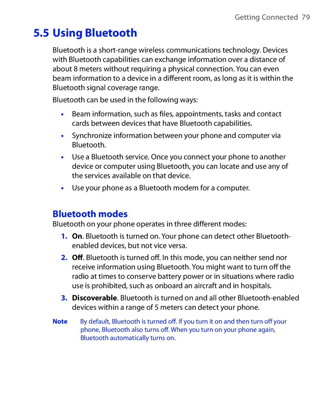 HTC OXYG100 user manual Using Bluetooth, Bluetooth modes 