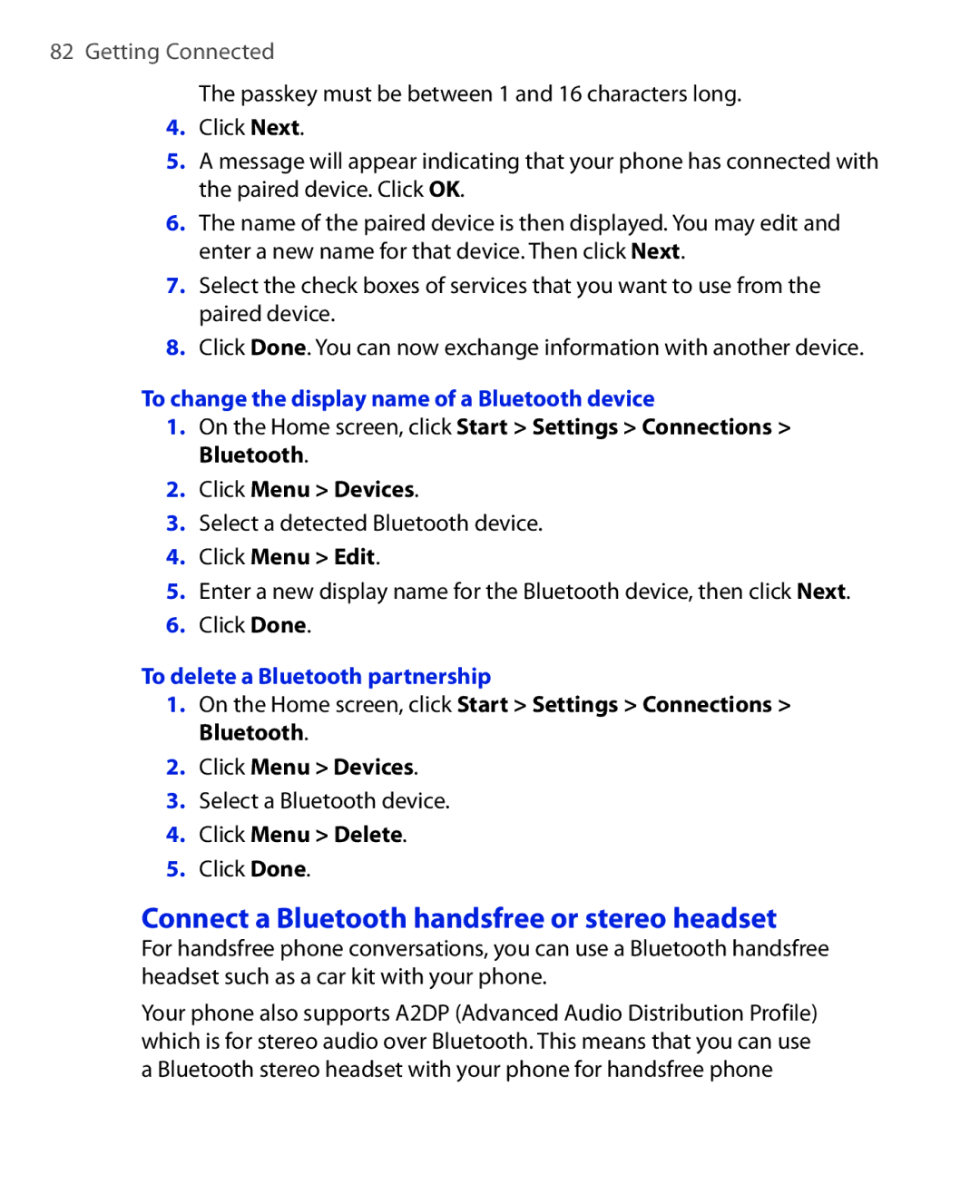 HTC OXYG100 user manual Connect a Bluetooth handsfree or stereo headset, To change the display name of a Bluetooth device 