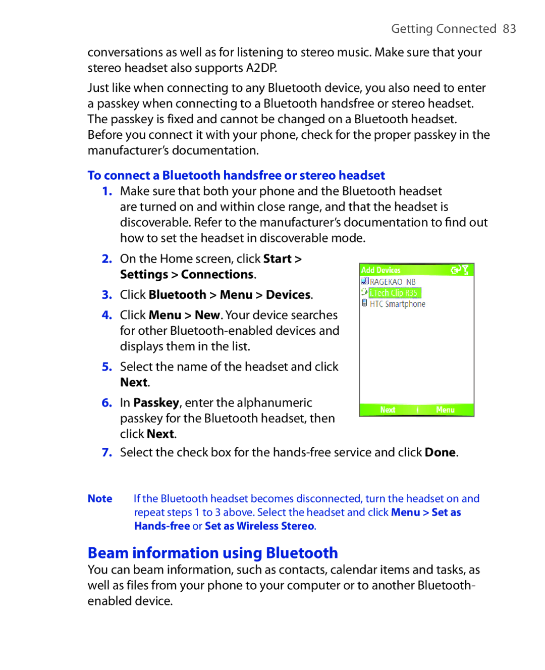 HTC OXYG100 user manual Beam information using Bluetooth, To connect a Bluetooth handsfree or stereo headset 