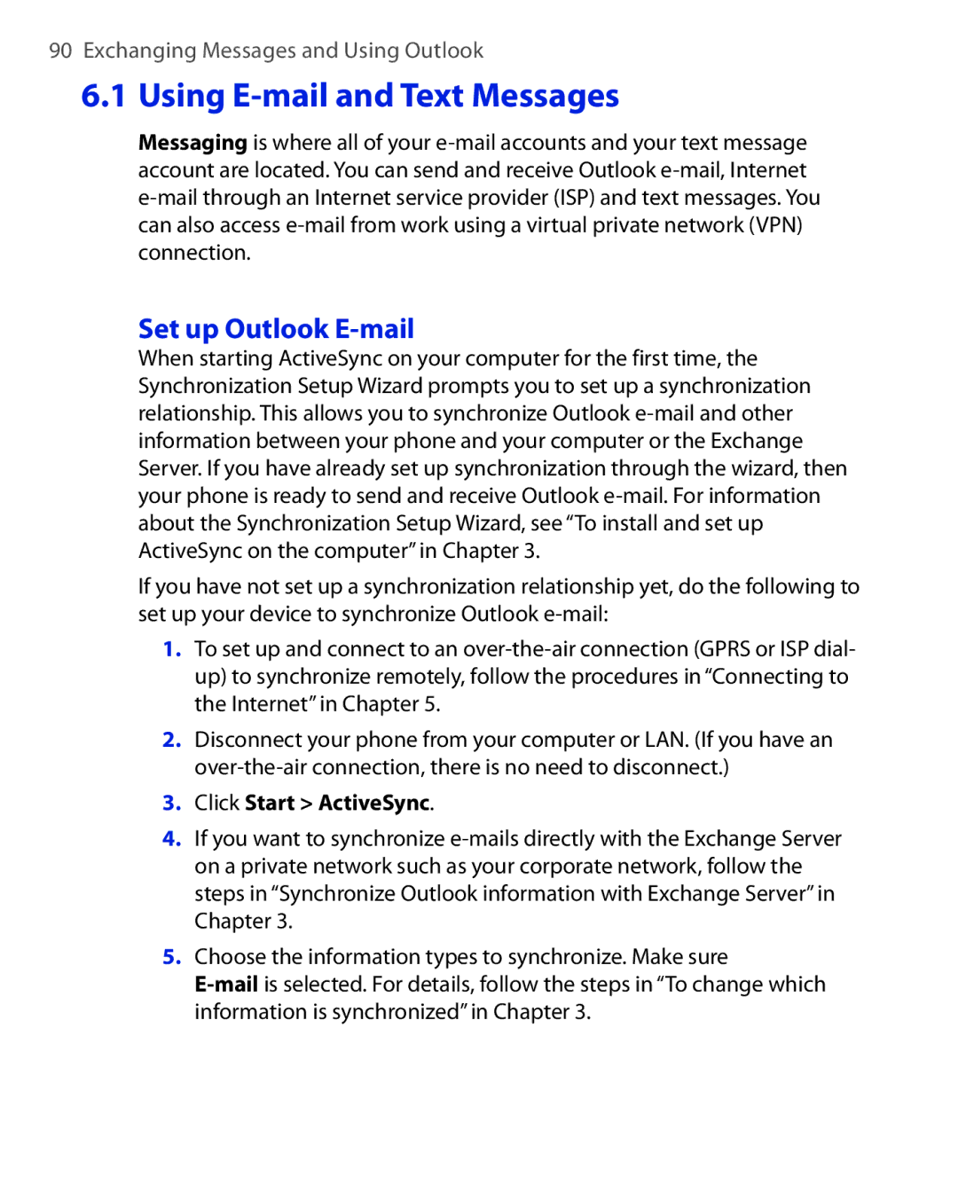 HTC OXYG100 user manual Using E-mail and Text Messages, Set up Outlook E-mail, Click Start ActiveSync 