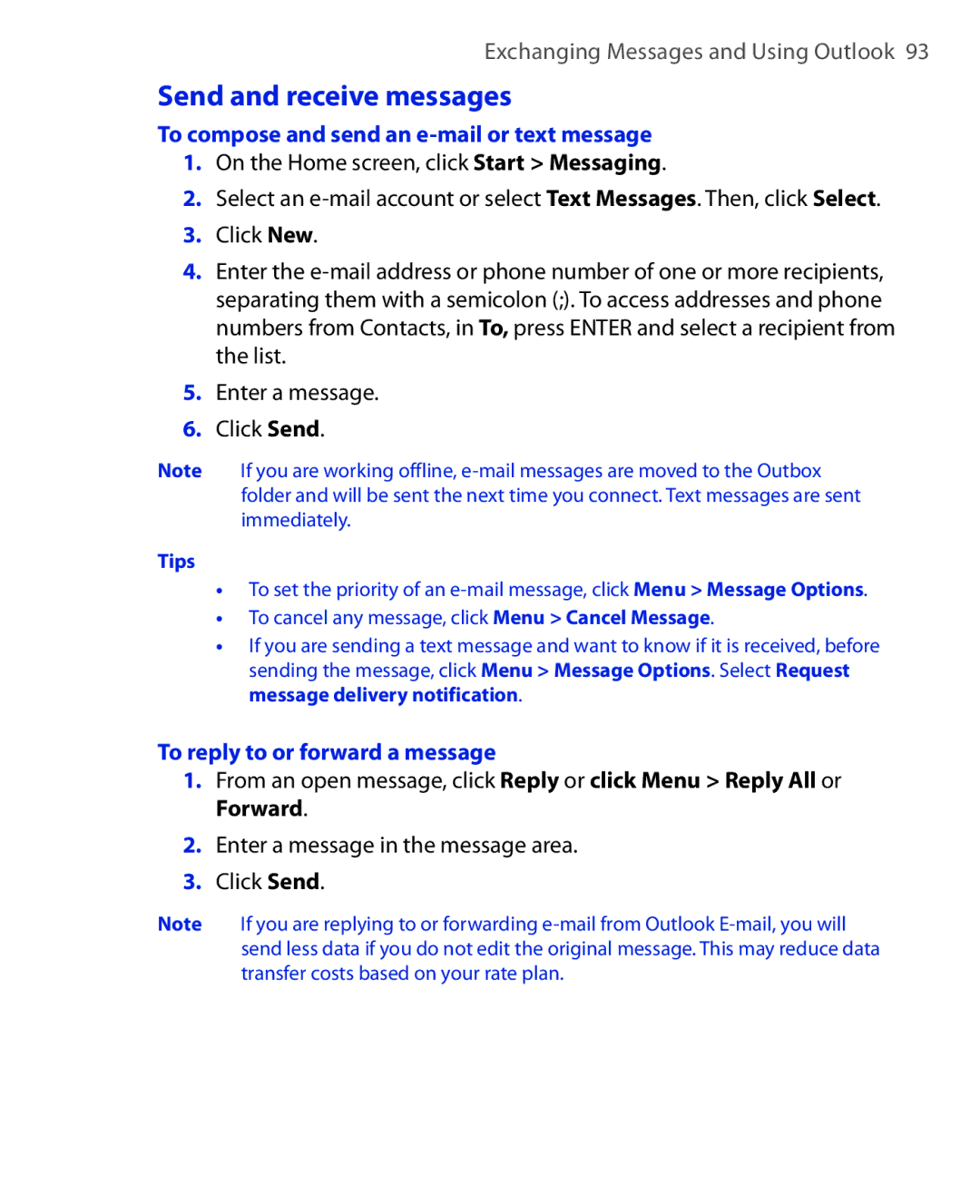 HTC OXYG100 Send and receive messages, To compose and send an e-mail or text message, To reply to or forward a message 
