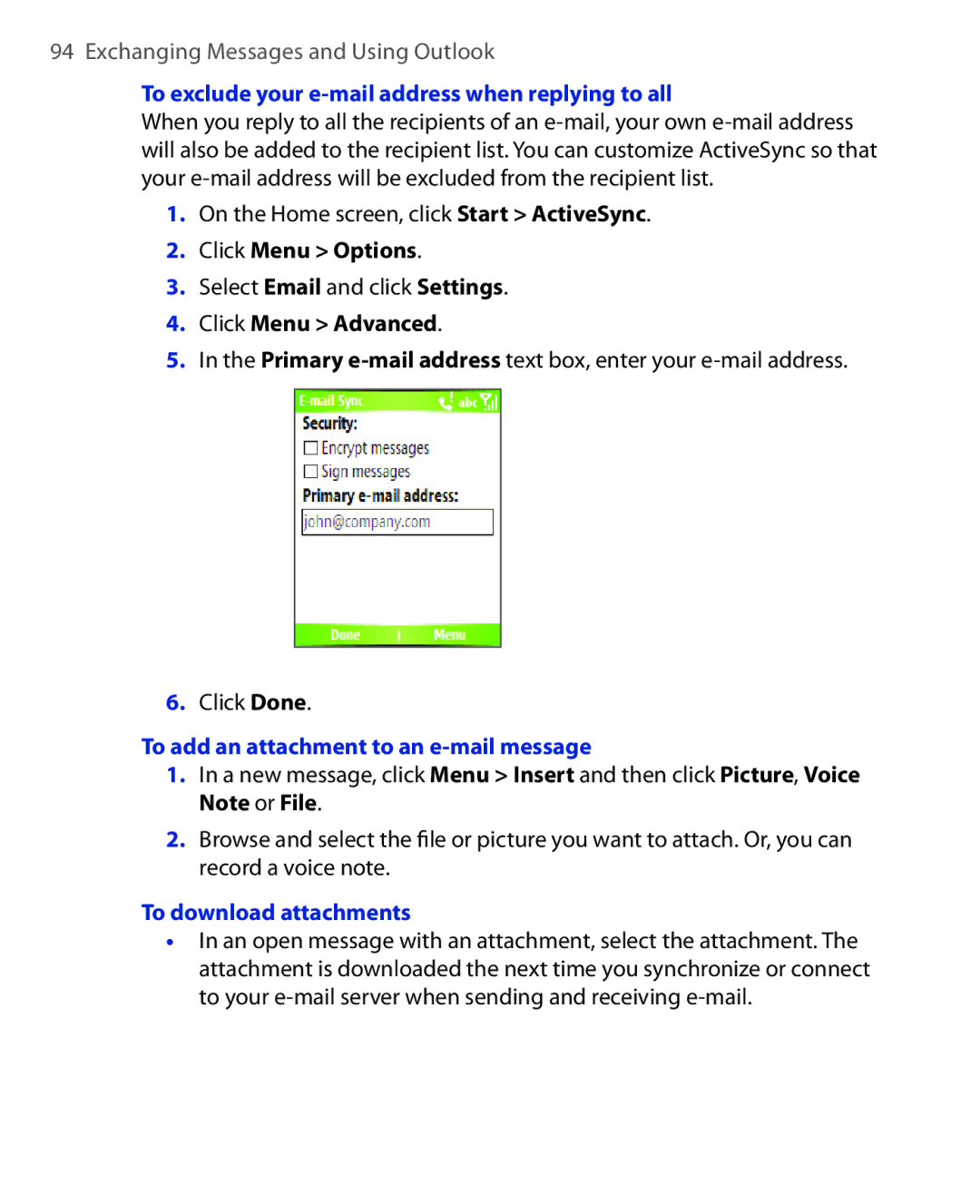 HTC OXYG100 user manual To exclude your e-mail address when replying to all, To add an attachment to an e-mail message 