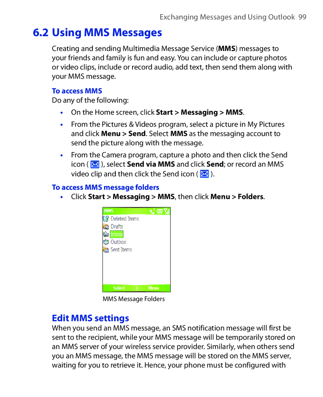 HTC OXYG100 Edit MMS settings, To access MMS message folders, Click Start Messaging MMS, then click Menu Folders 