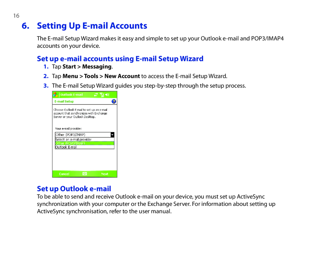 HTC P3300 quick start Setting Up E-mail Accounts, Set up e-mail accounts using E-mail Setup Wizard, Set up Outlook e-mail 
