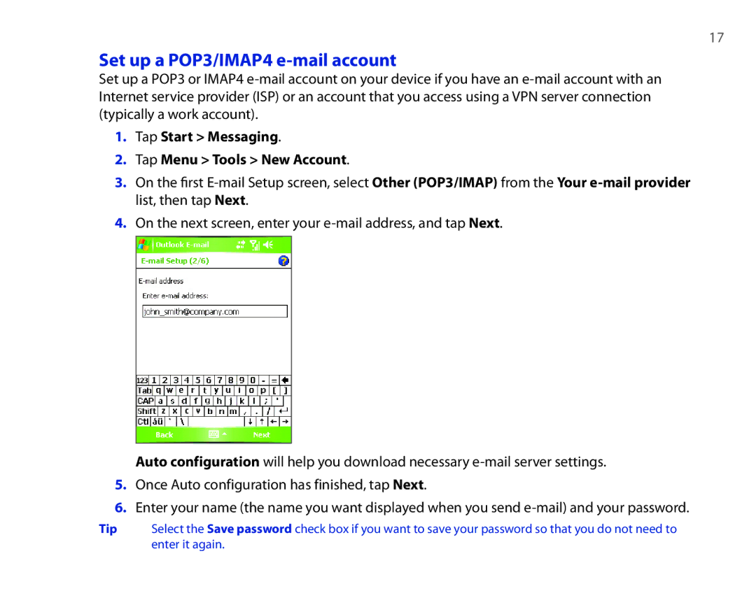 HTC P3300 quick start Set up a POP3/IMAP4 e-mail account, Tap Start Messaging Tap Menu Tools New Account 