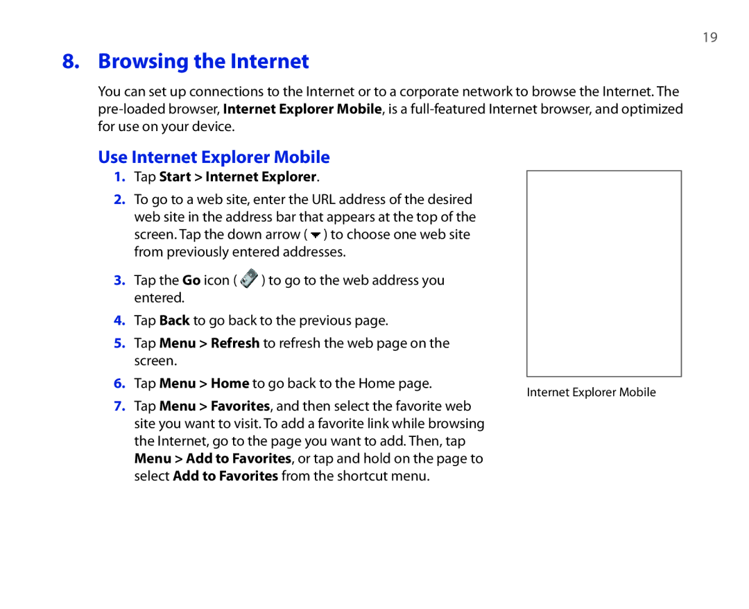 HTC P3300 quick start Browsing the Internet, Use Internet Explorer Mobile, Tap Start Internet Explorer 