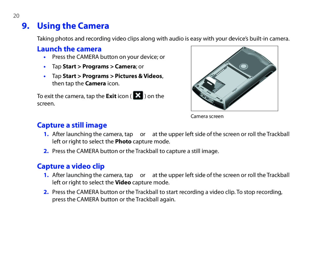 HTC P3300 quick start Using the Camera, Launch the camera, Capture a still image, Capture a video clip 