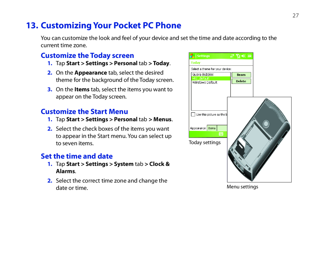 HTC P3300 Customizing Your Pocket PC Phone, Customize the Today screen, Customize the Start Menu, Set the time and date 