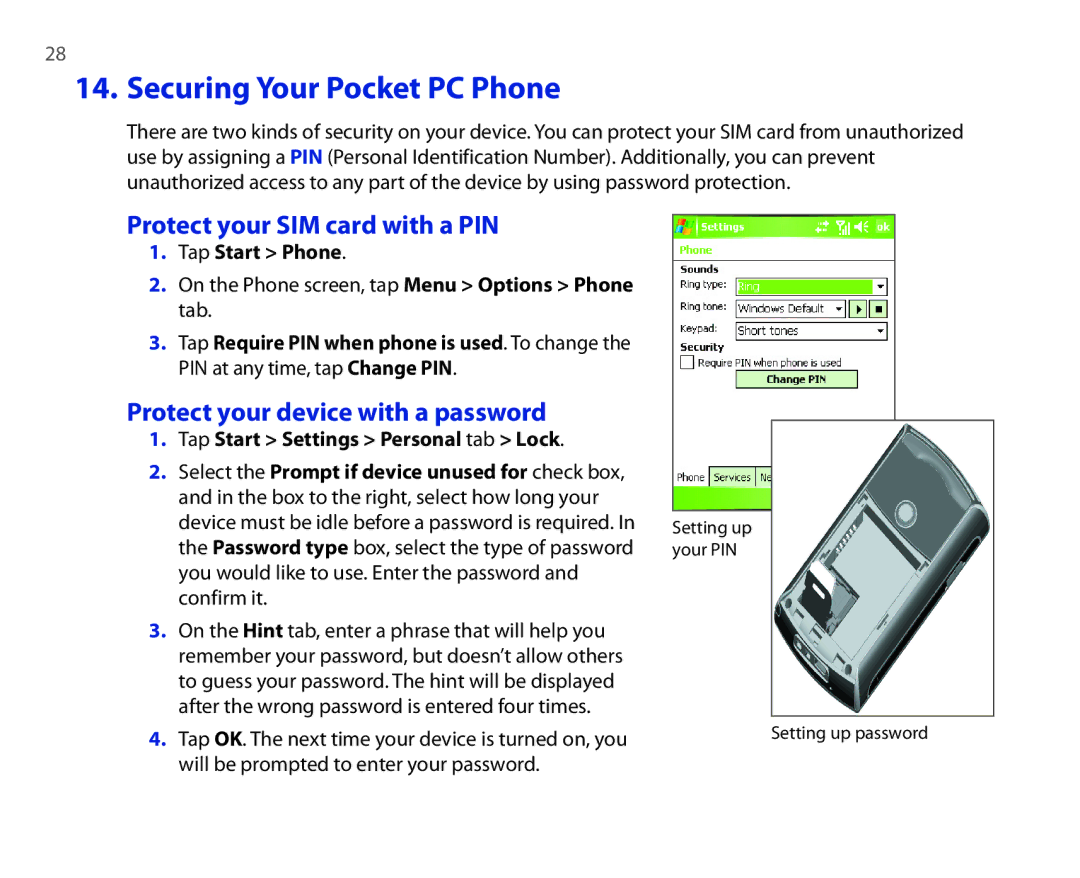 HTC P3300 quick start Securing Your Pocket PC Phone, Protect your SIM card with a PIN, Protect your device with a password 