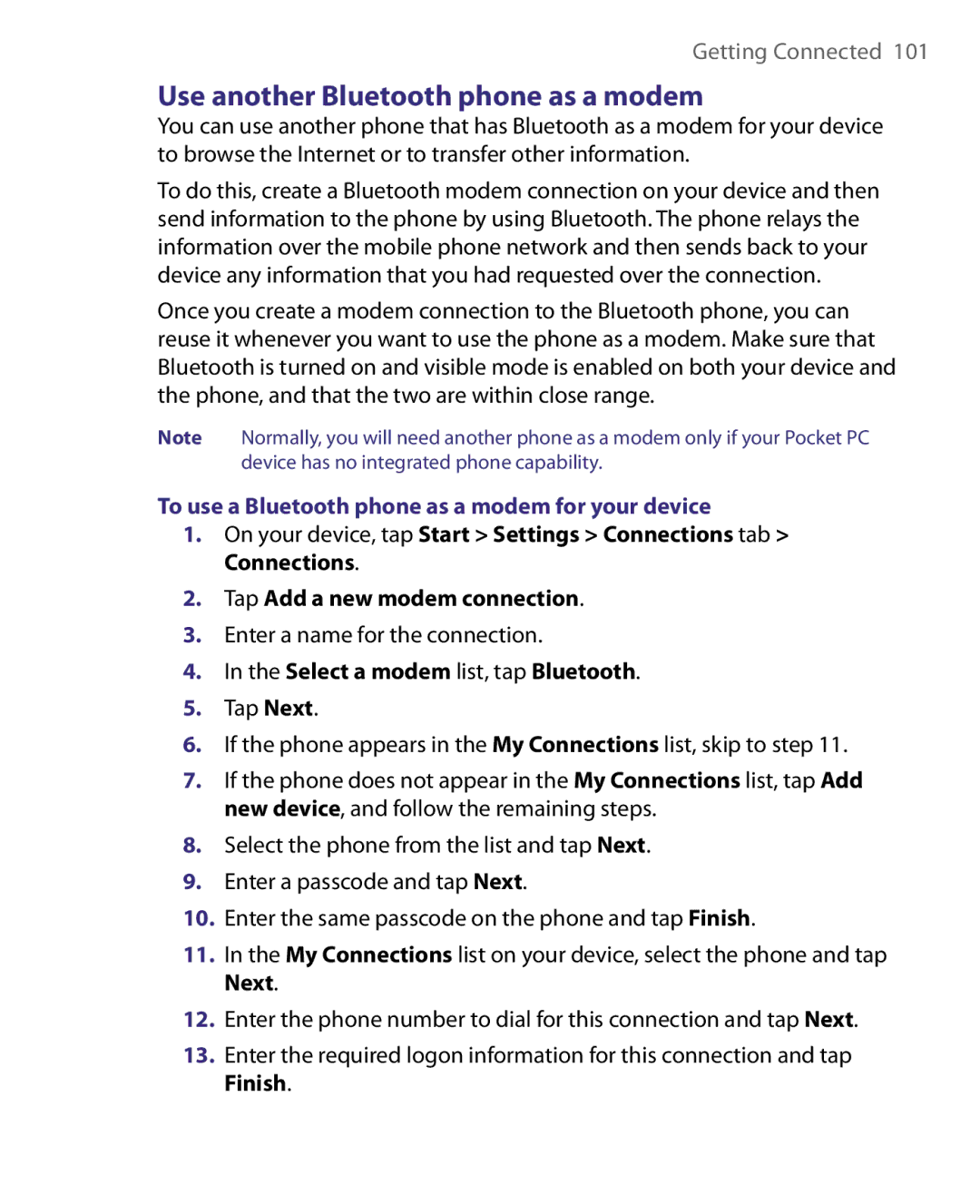 HTC P3400 manual Use another Bluetooth phone as a modem, To use a Bluetooth phone as a modem for your device 