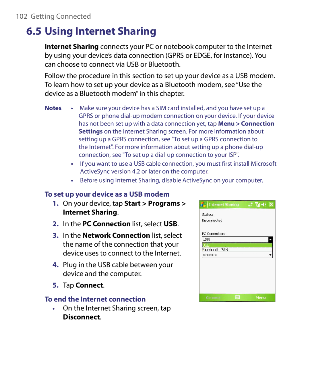 HTC P3400 manual To set up your device as a USB modem, To end the Internet connection 