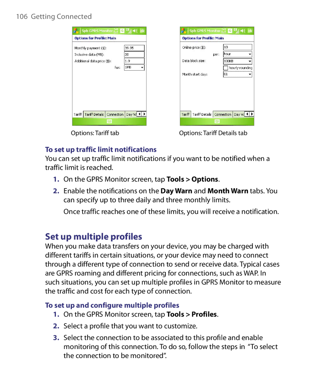 HTC P3400 manual Set up multiple profiles, To set up traffic limit notifications, To set up and configure multiple profiles 