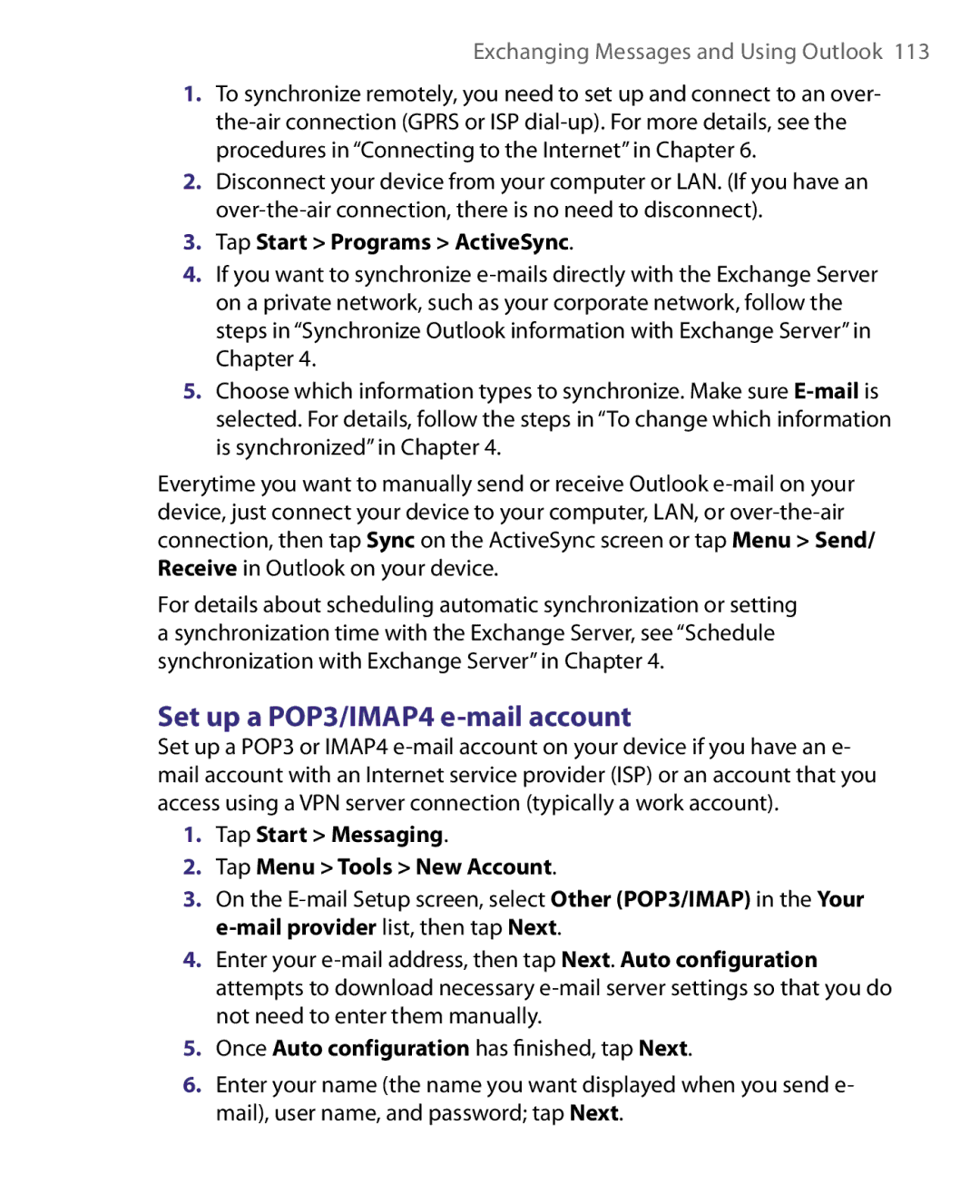HTC P3400 manual Set up a POP3/IMAP4 e-mail account, Tap Start Programs ActiveSync 