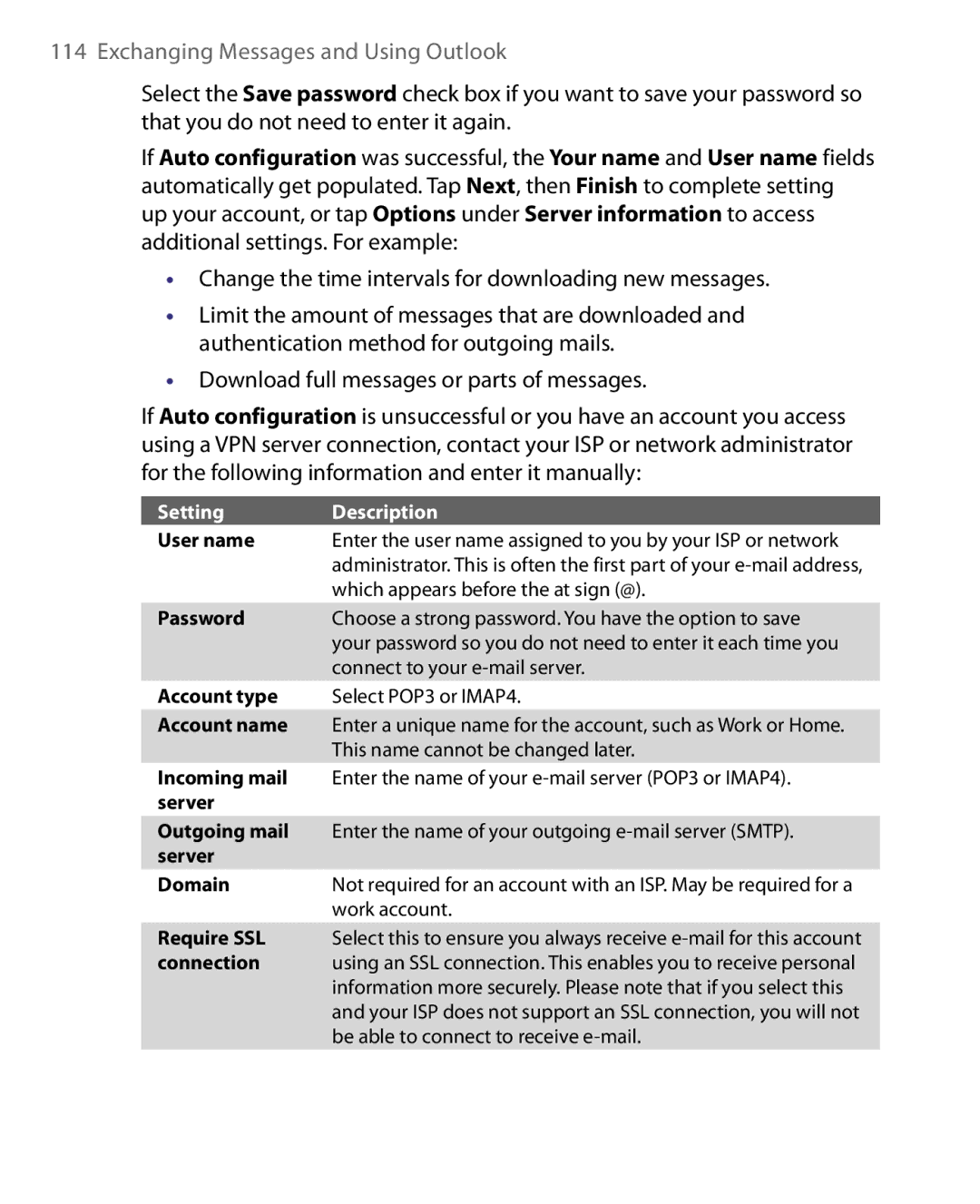 HTC P3400 manual Setting Description 