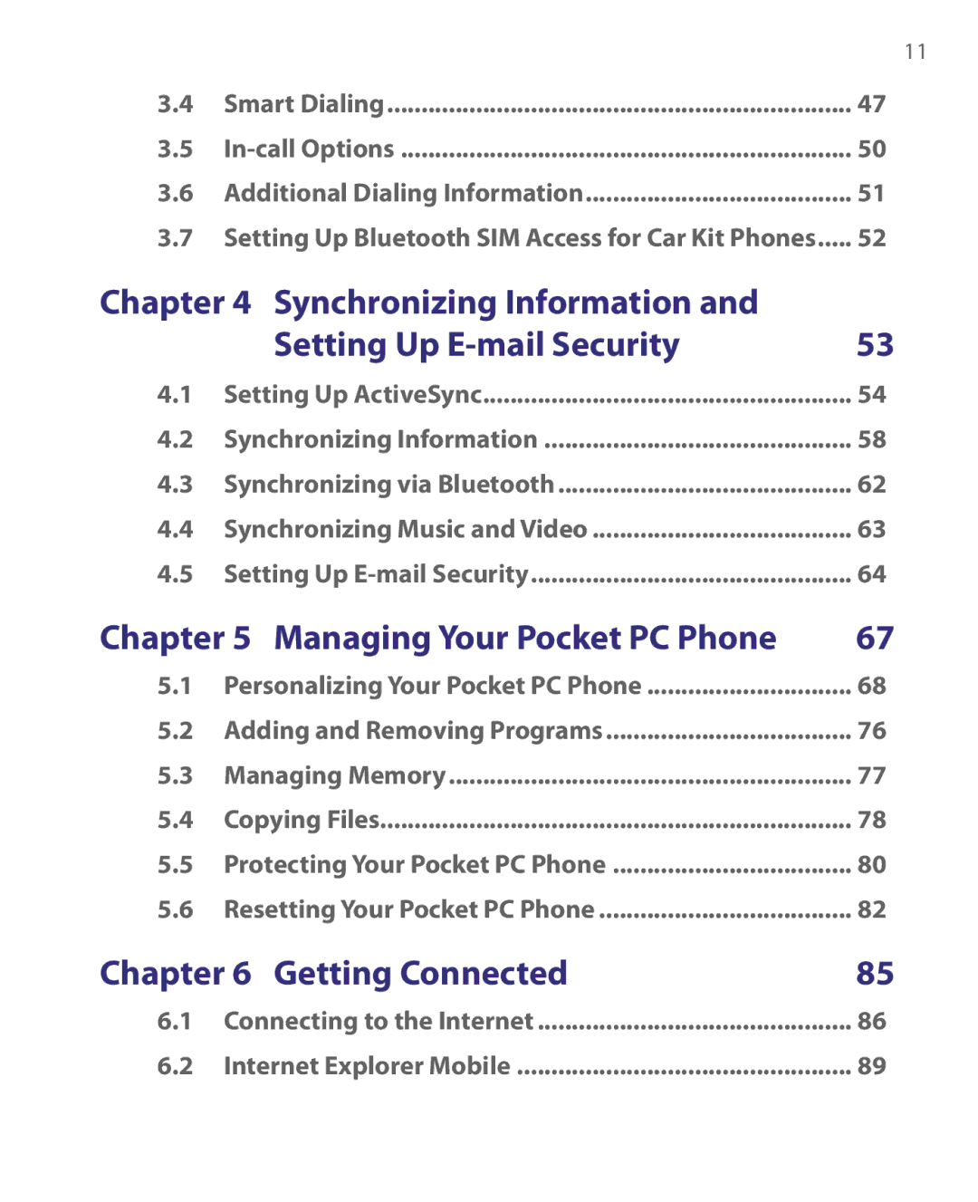 HTC P3400 manual Synchronizing Information Setting Up E-mail Security, Managing Your Pocket PC Phone, Getting Connected 