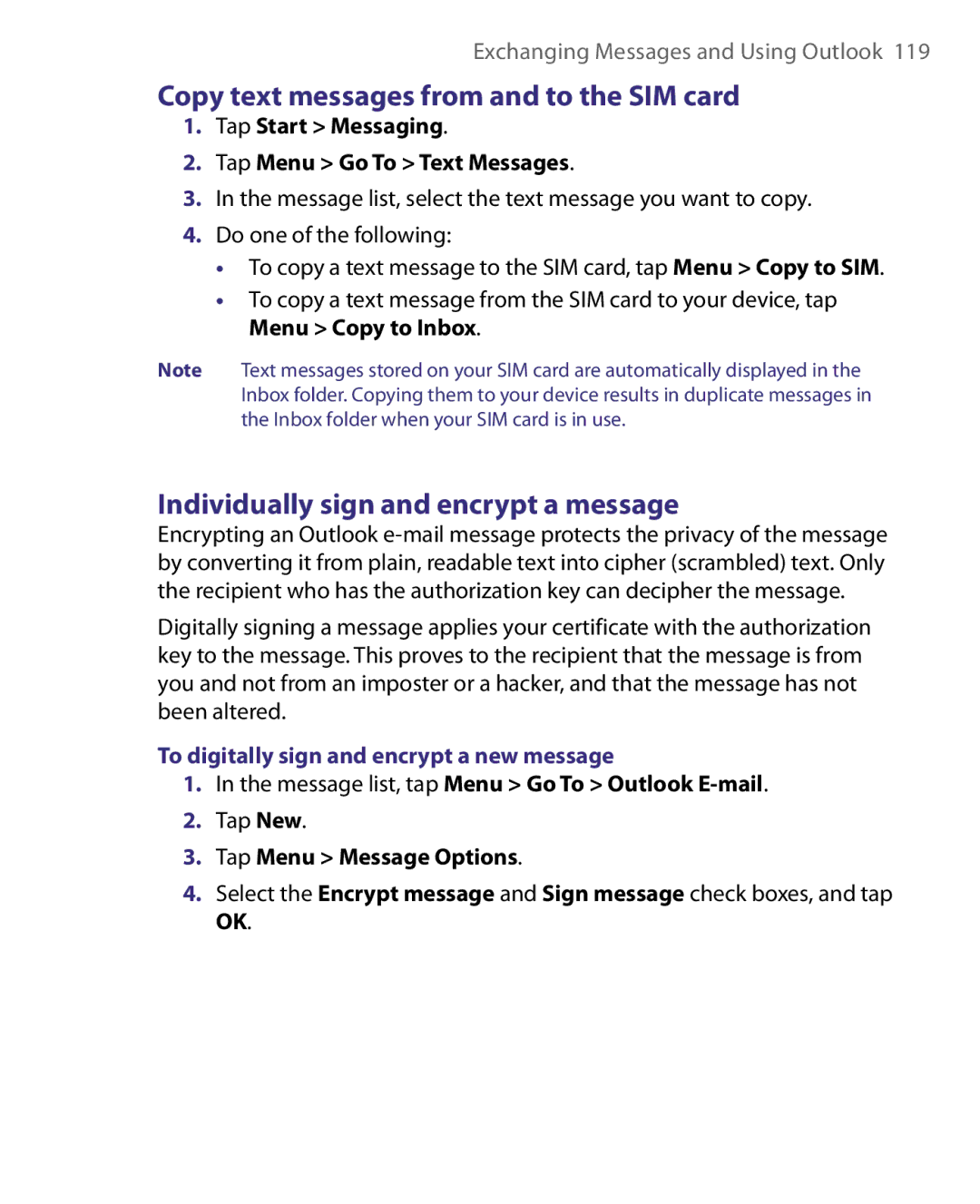 HTC P3400 manual Copy text messages from and to the SIM card, Individually sign and encrypt a message 