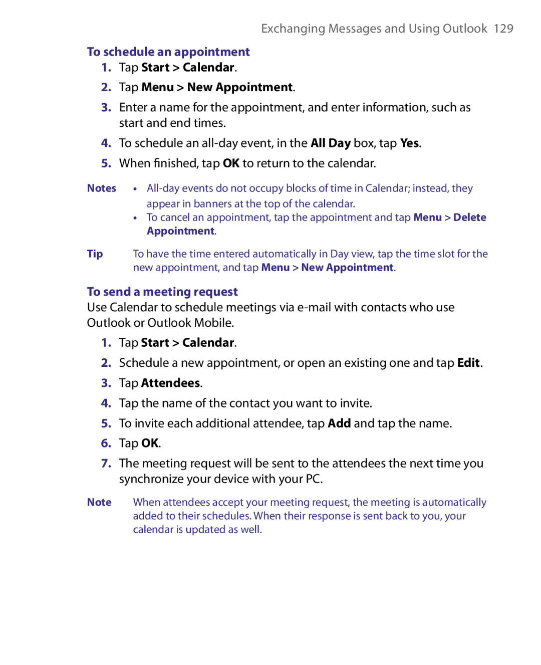 HTC P3400 manual To schedule an appointment, Tap Start Calendar Tap Menu New Appointment, To send a meeting request 