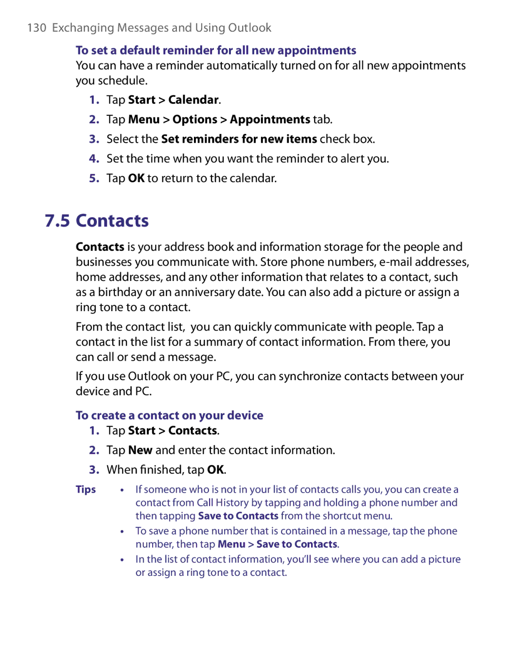 HTC P3400 manual To set a default reminder for all new appointments, To create a contact on your device, Tap Start Contacts 