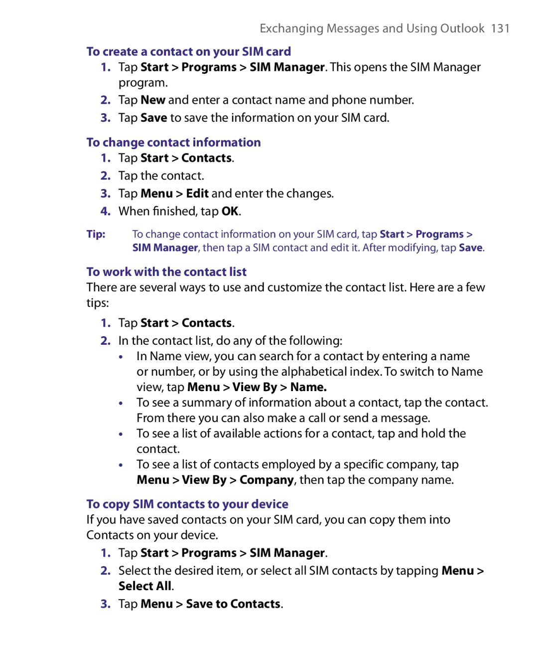 HTC P3400 manual To create a contact on your SIM card, To change contact information, To work with the contact list 