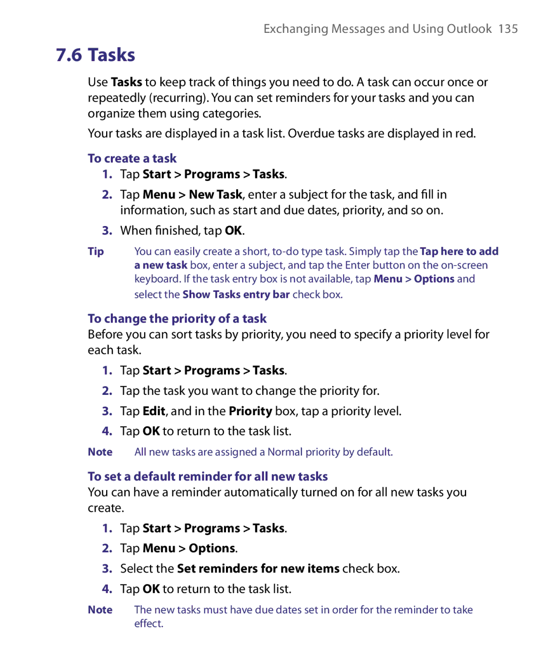 HTC P3400 manual To create a task, Tap Start Programs Tasks, To change the priority of a task 