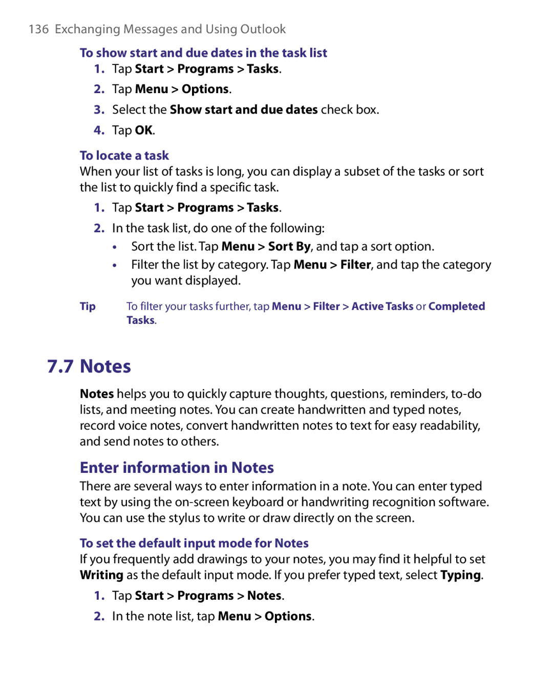 HTC P3400 manual Enter information in Notes, To show start and due dates in the task list, To locate a task 