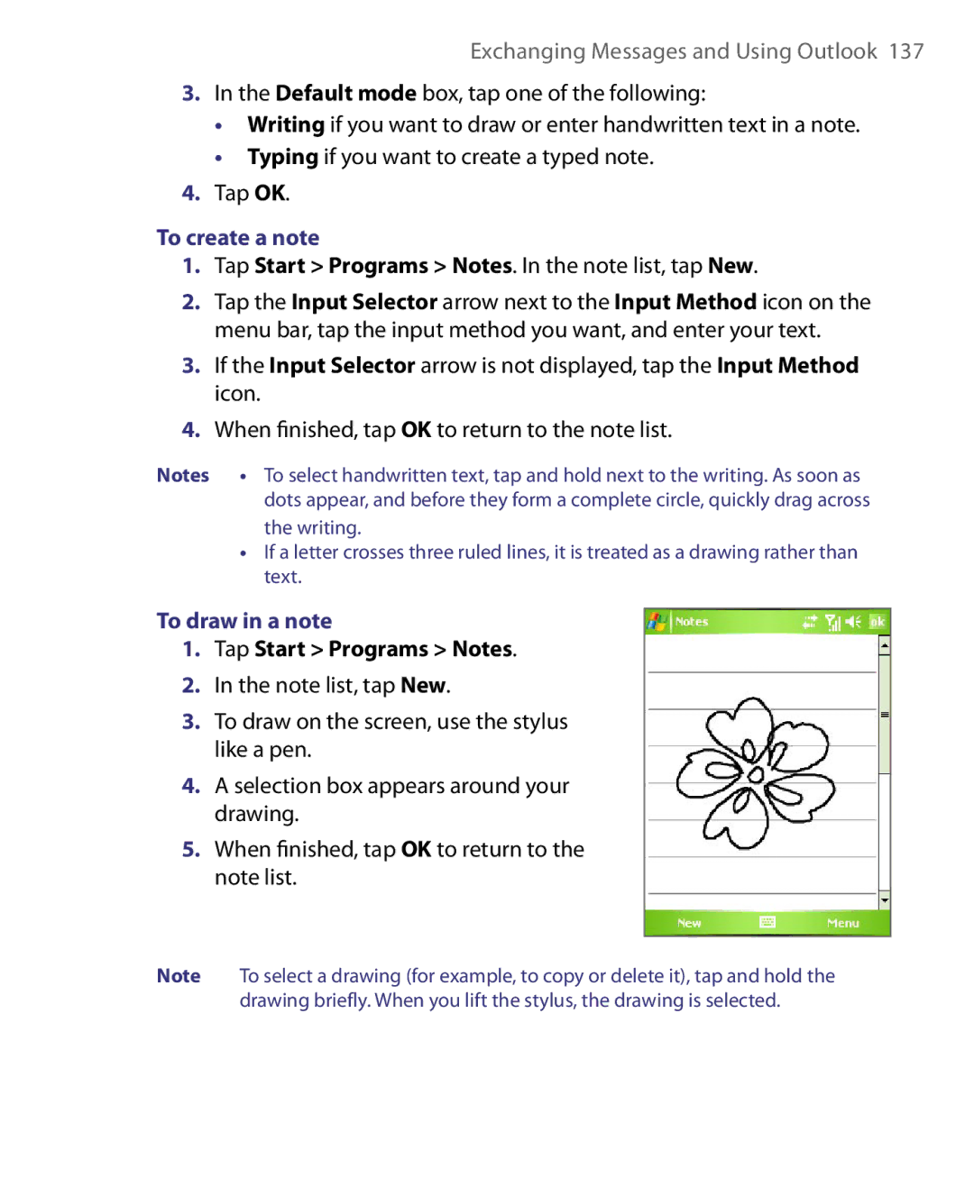 HTC P3400 manual To create a note, To draw in a note 